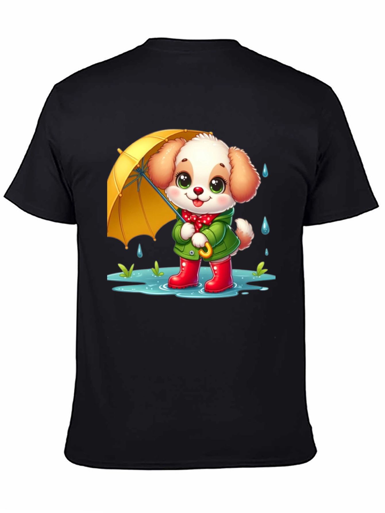 Cute Puppy in Rain Cartoon Black T-Shirt