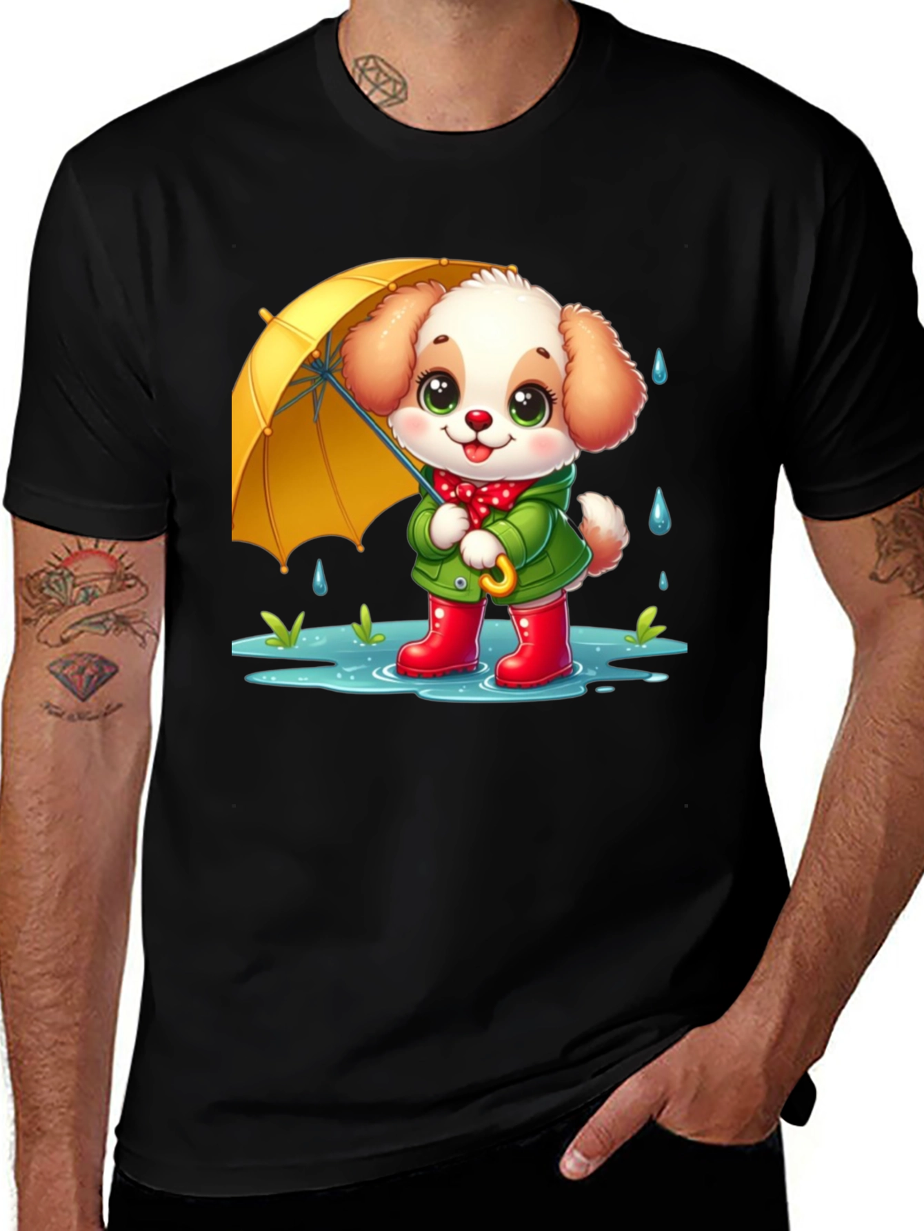 Cute Puppy in Rain Cartoon Black T-Shirt