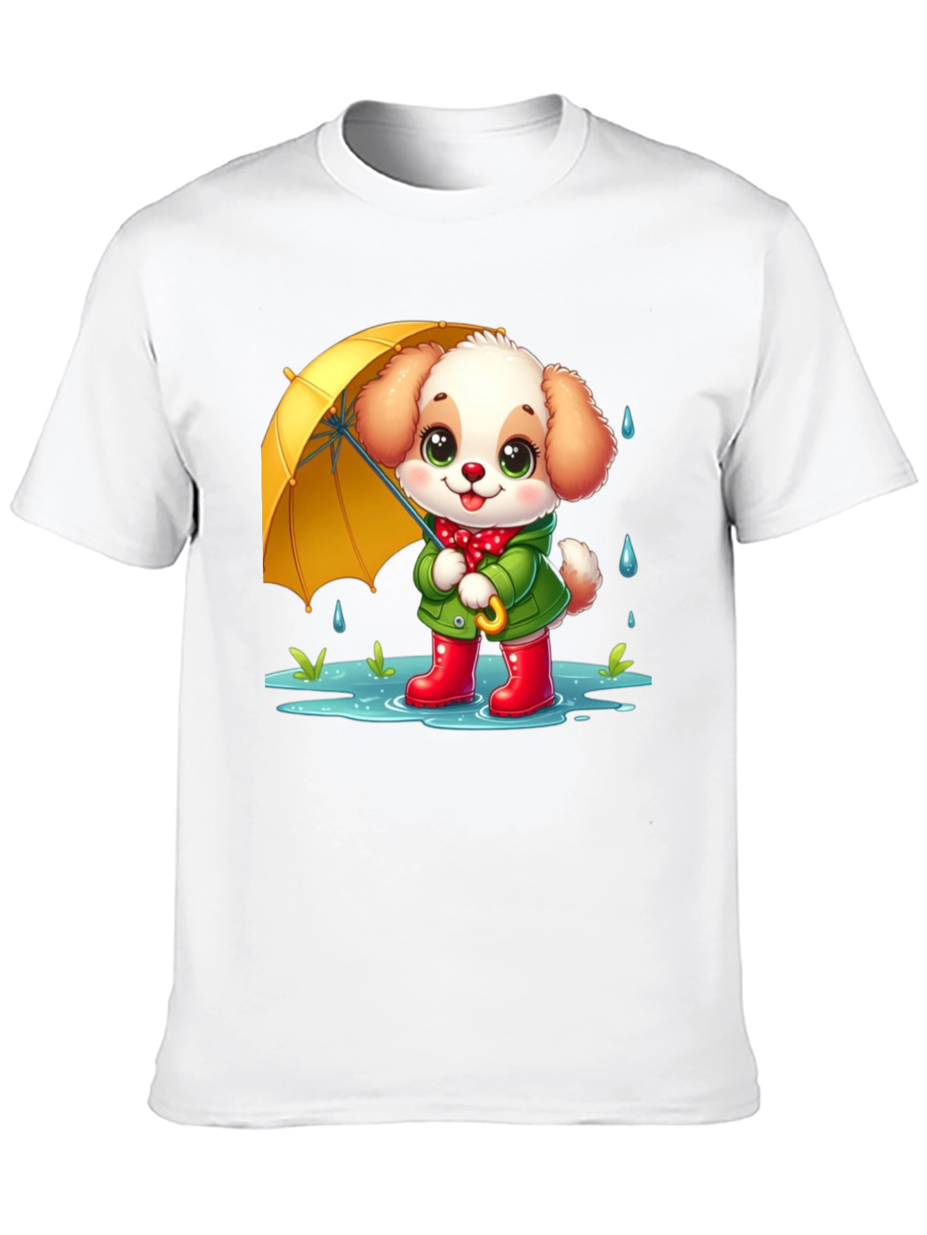Cute Puppy in Rain Cartoon Black T-Shirt