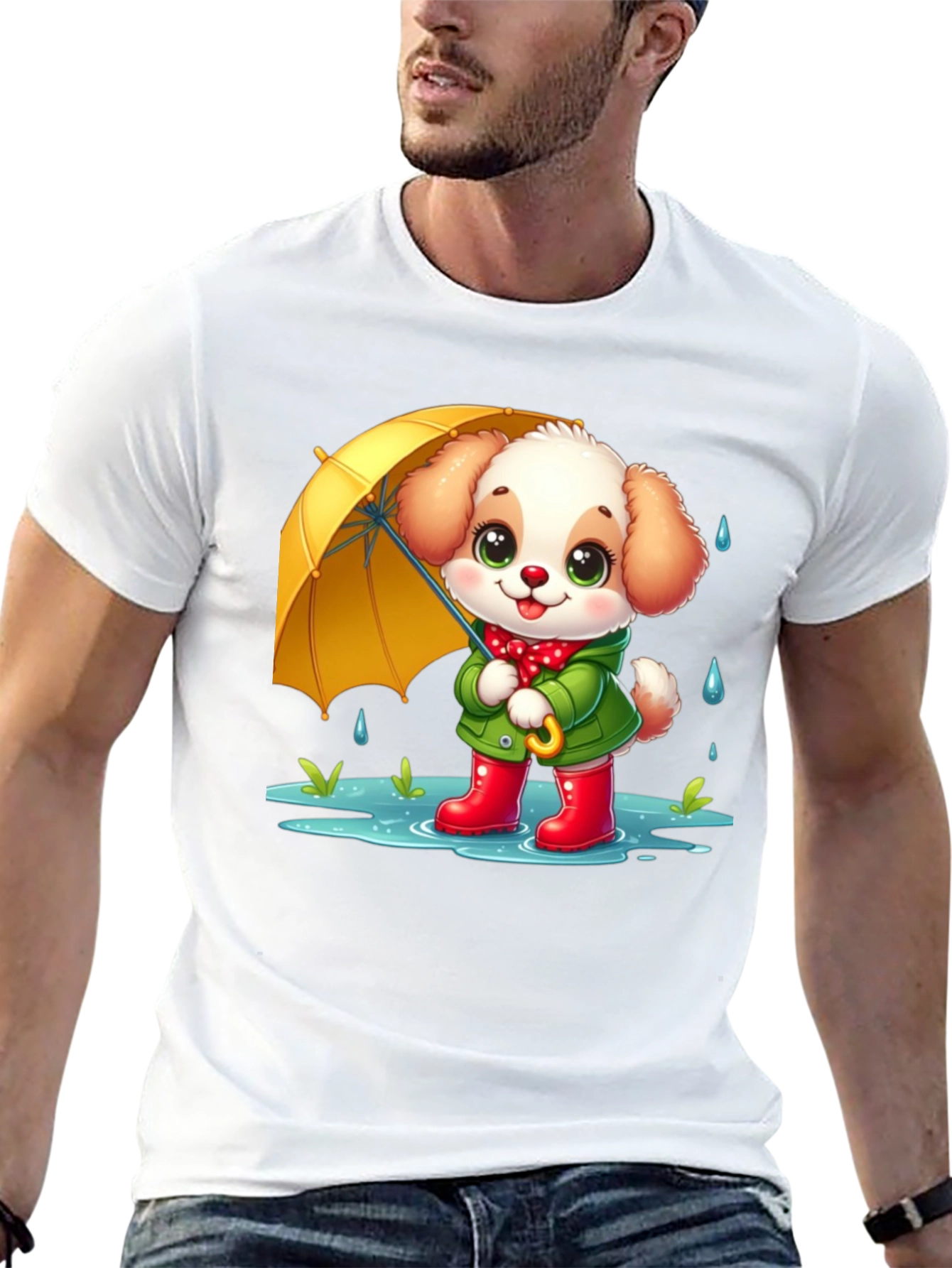 Cute Puppy in Rain Cartoon Black T-Shirt
