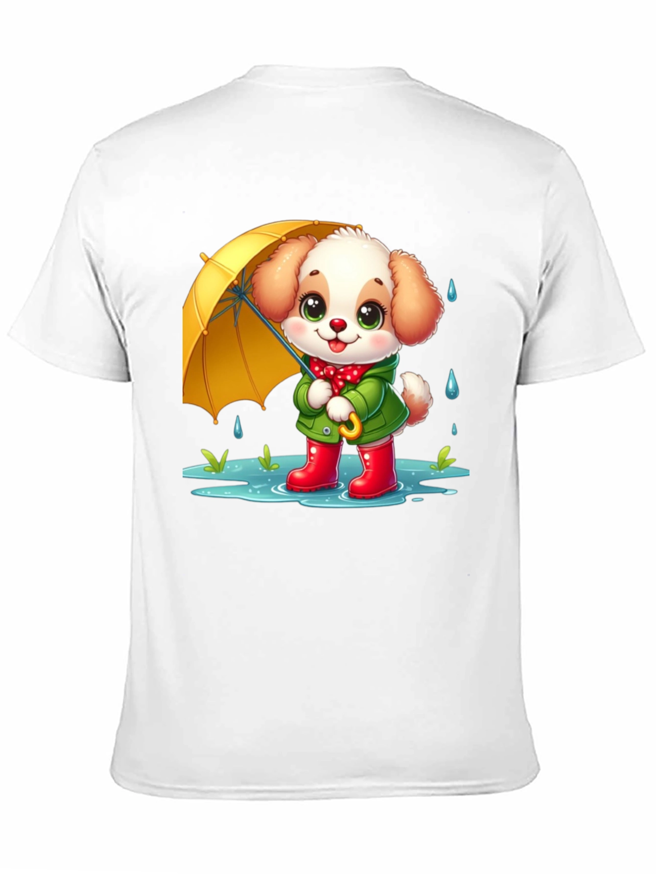 Cute Puppy in Rain Cartoon Black T-Shirt