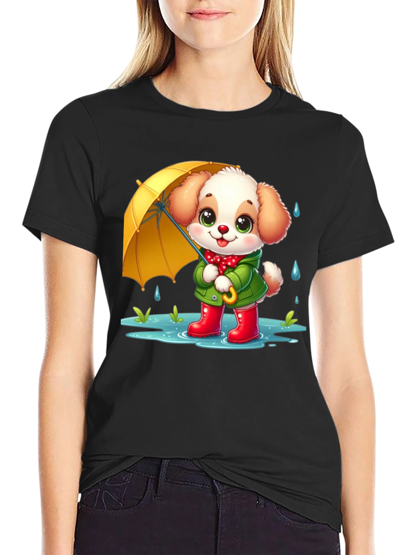 Cute Puppy in Rain Cartoon Black T-Shirt