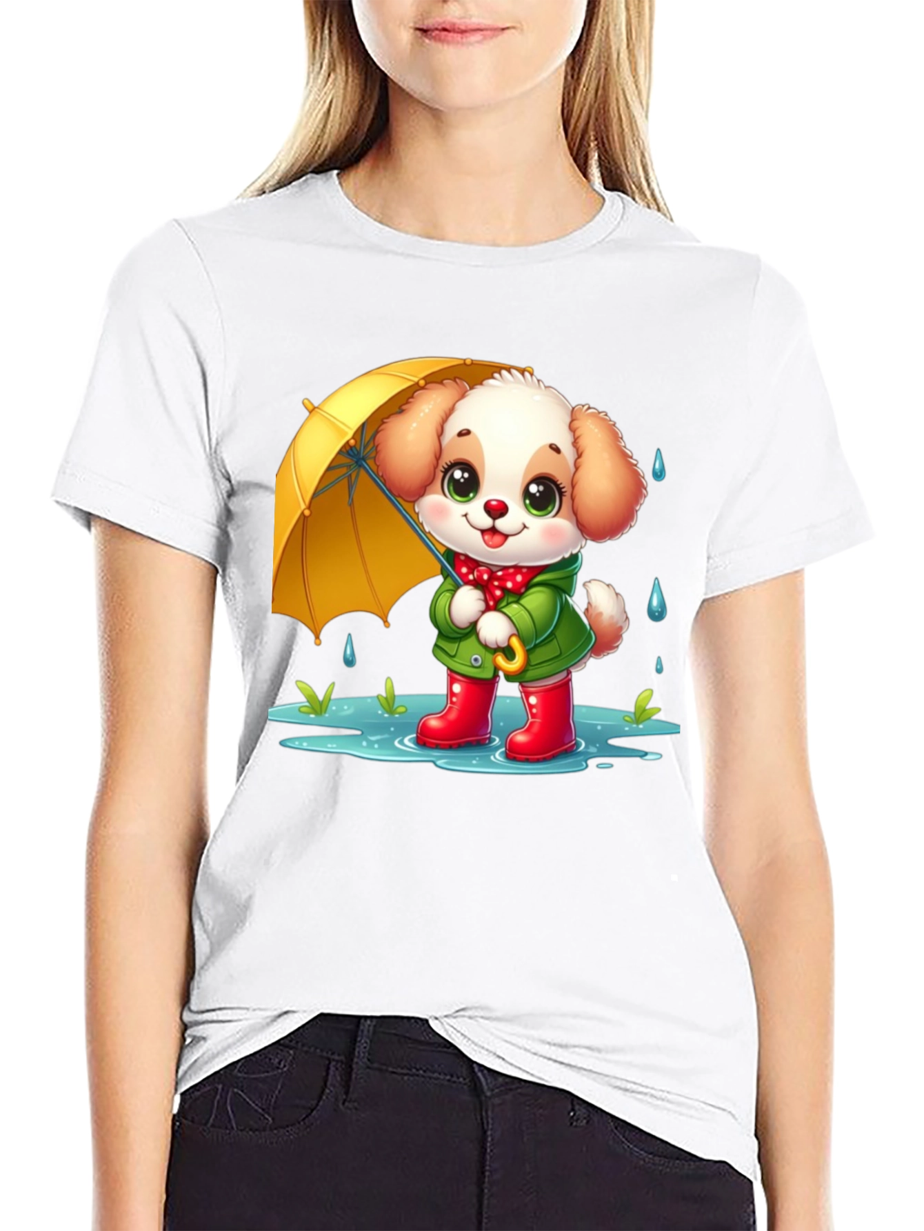 Cute Puppy in Rain Cartoon Black T-Shirt