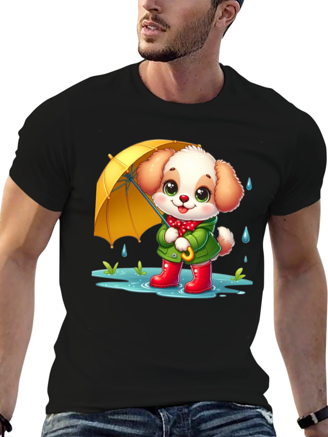 Cute Puppy in Rain Cartoon Black T-Shirt