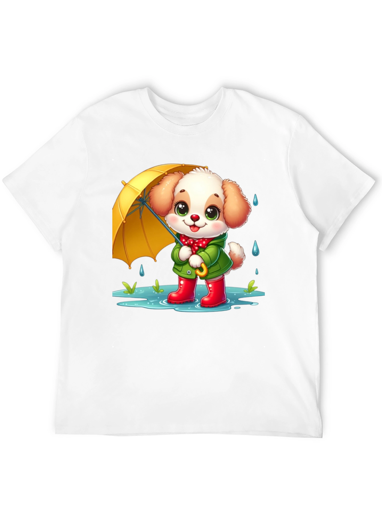 Cute Puppy in Rain Cartoon Black T-Shirt