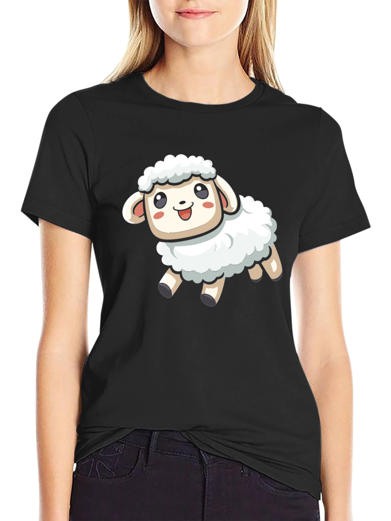Cute Cartoon Sheep T-Shirt - Black Cotton Blend
