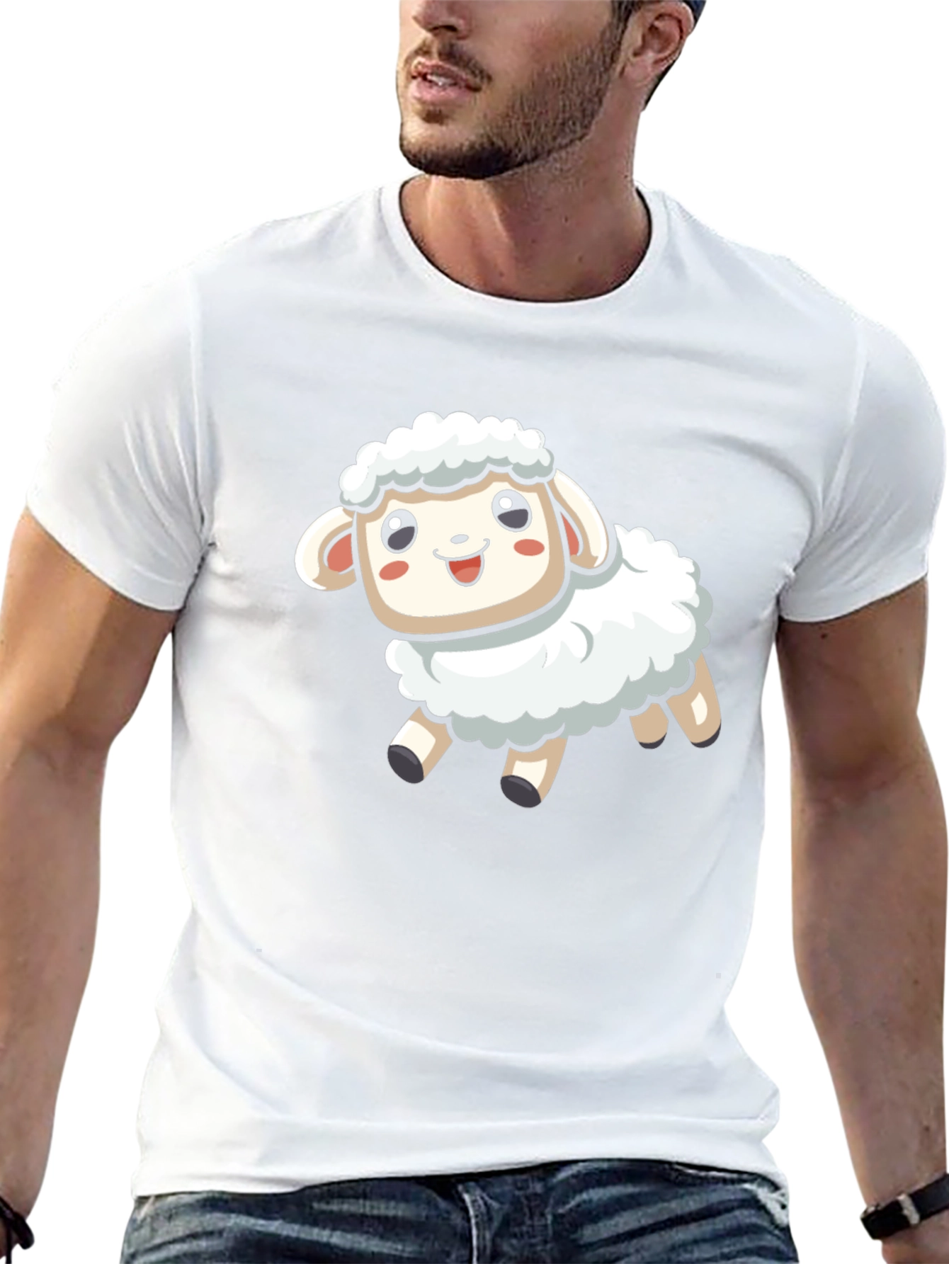 Cute Cartoon Sheep T-Shirt - Black Cotton Blend