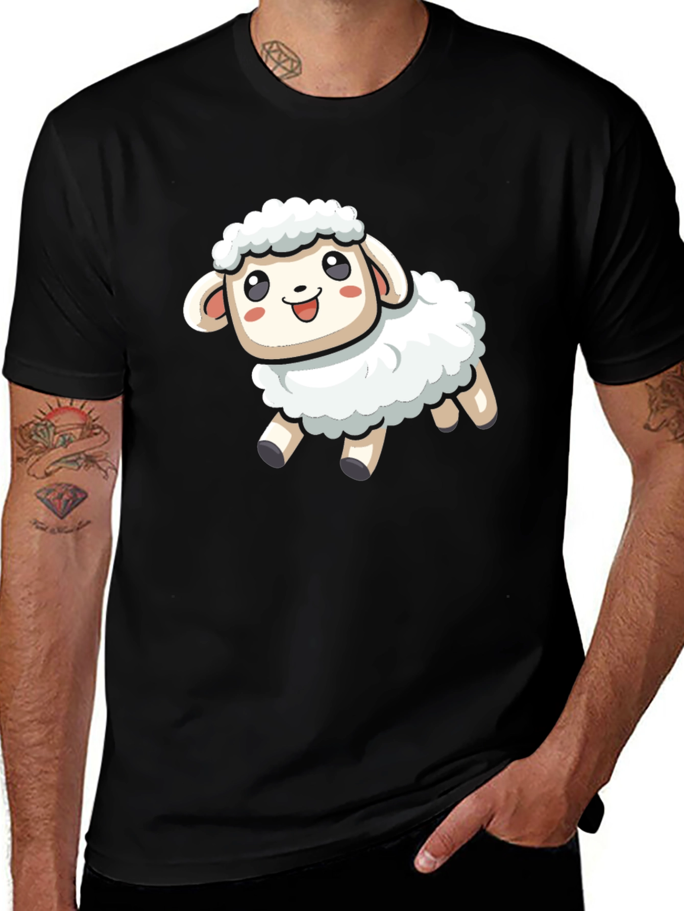 Cute Cartoon Sheep T-Shirt - Black Cotton Blend