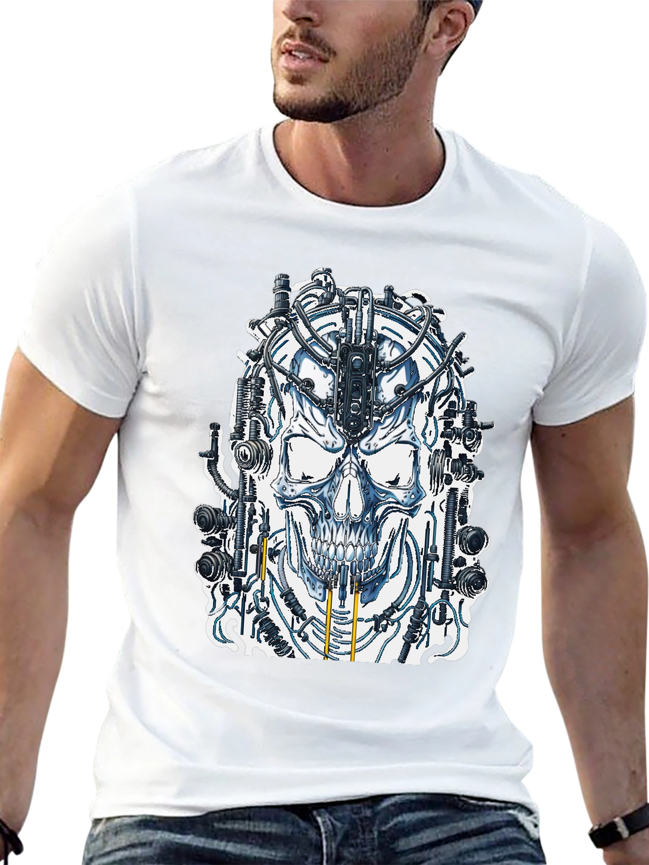 Cyberpunk Skull Graphic Tee - Black Cotton T-Shirt