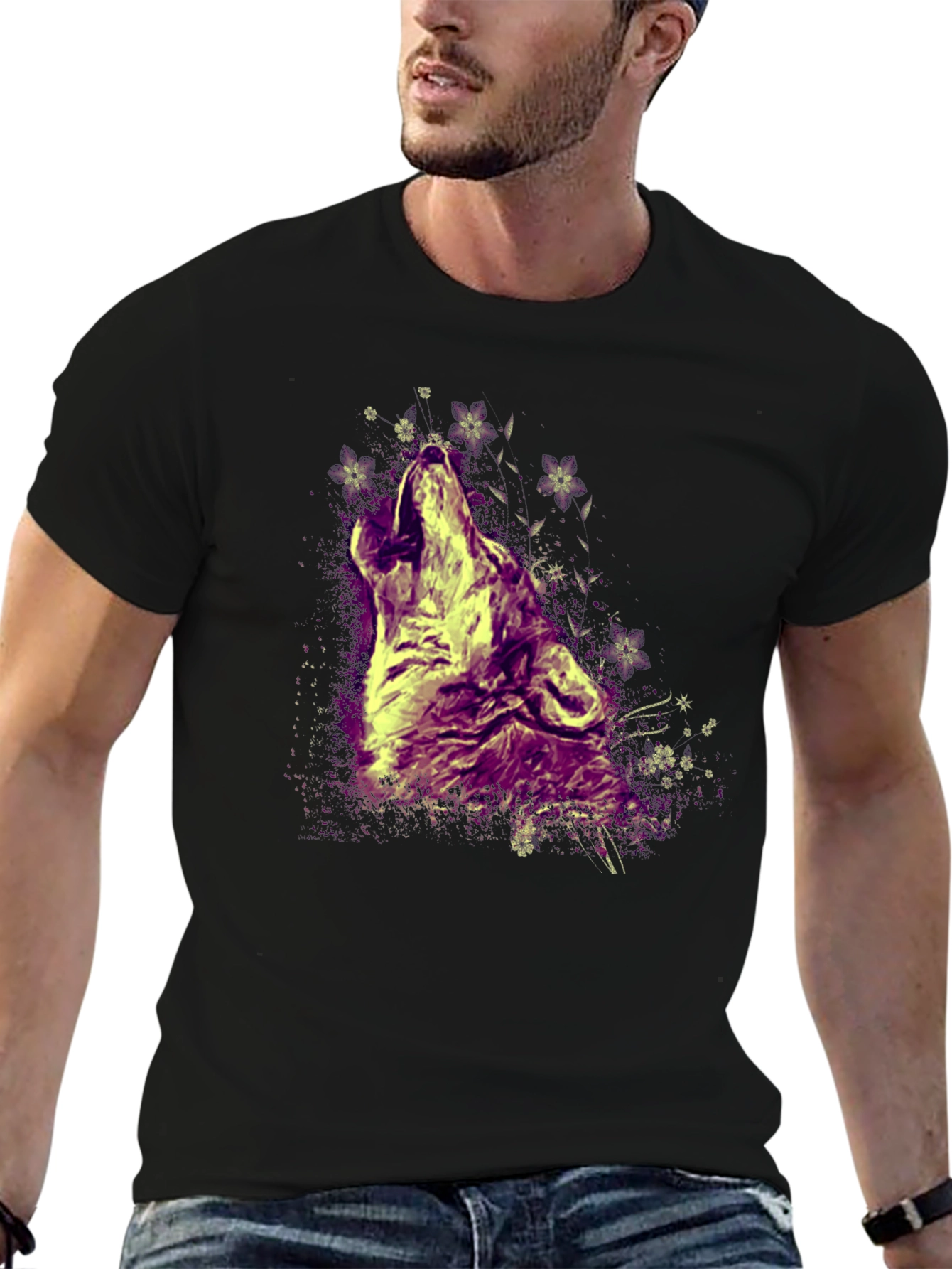 Wolf Howling T-Shirt - Graphic Print Crew Neck Tee