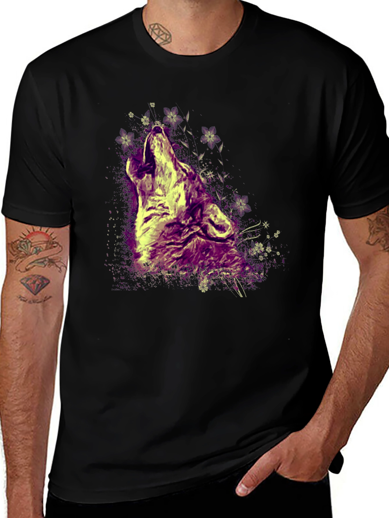 Wolf Howling T-Shirt - Graphic Print Crew Neck Tee
