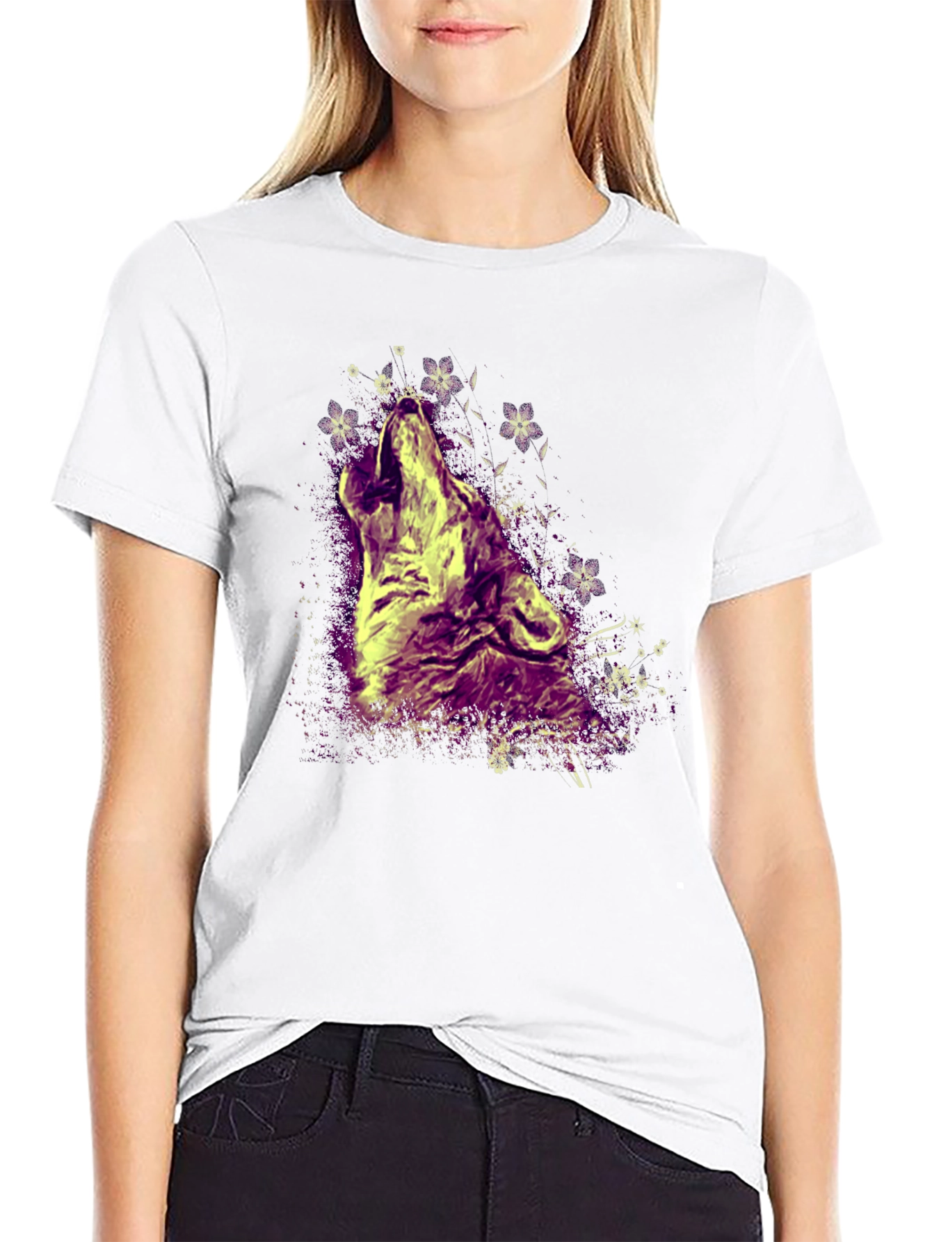 Wolf Howling T-Shirt - Graphic Print Crew Neck Tee