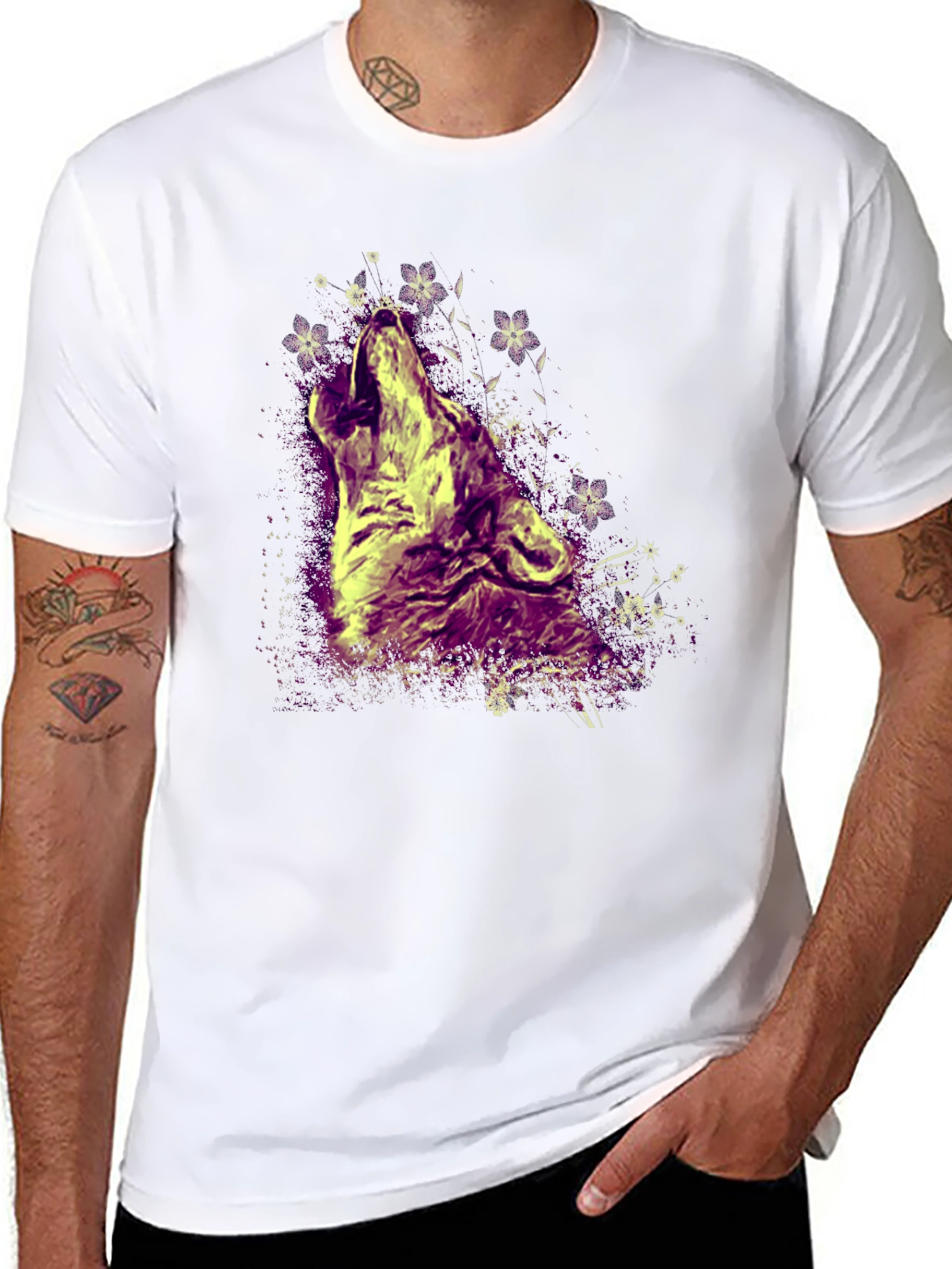 Wolf Howling T-Shirt - Graphic Print Crew Neck Tee