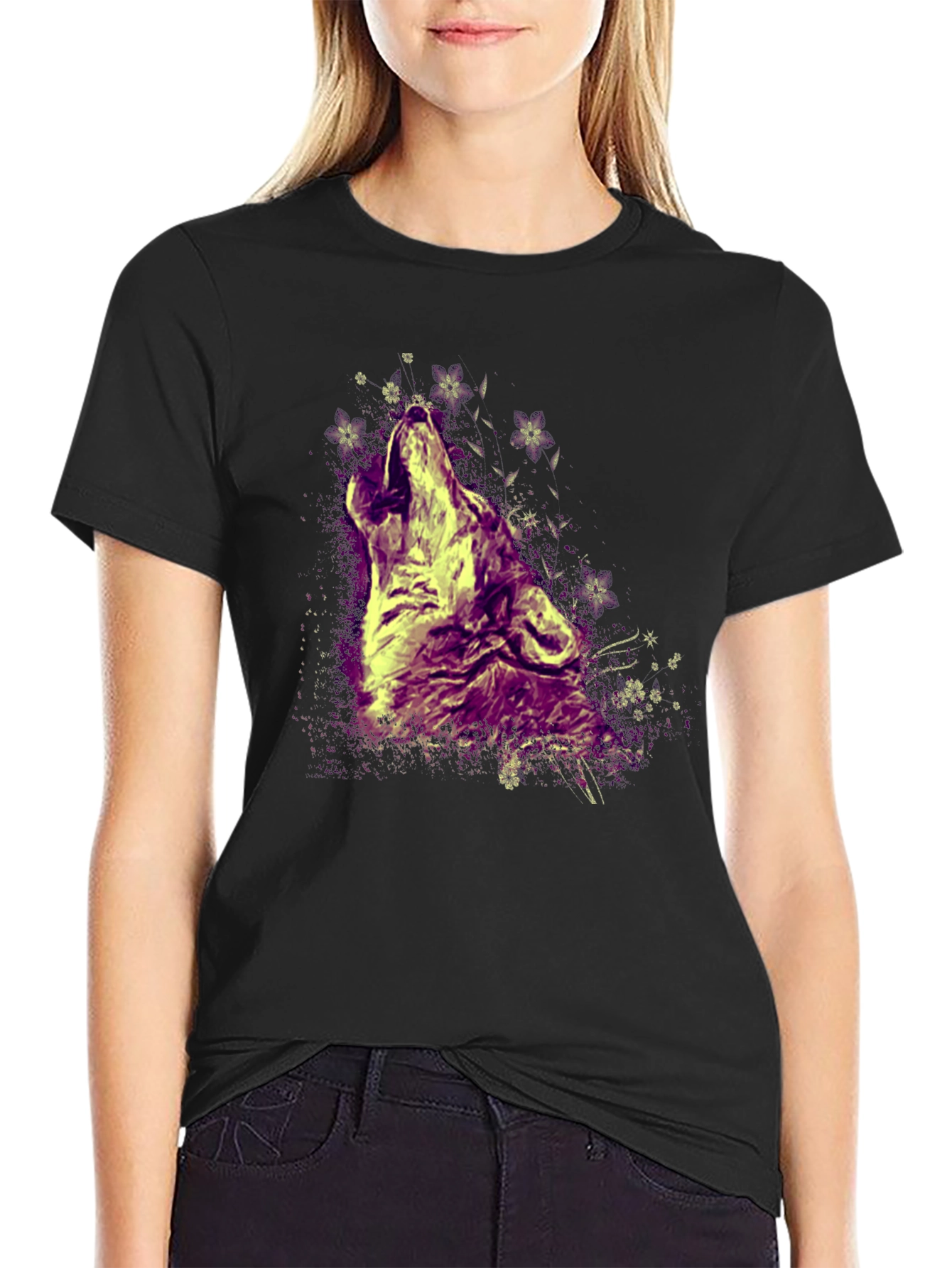 Wolf Howling T-Shirt - Graphic Print Crew Neck Tee