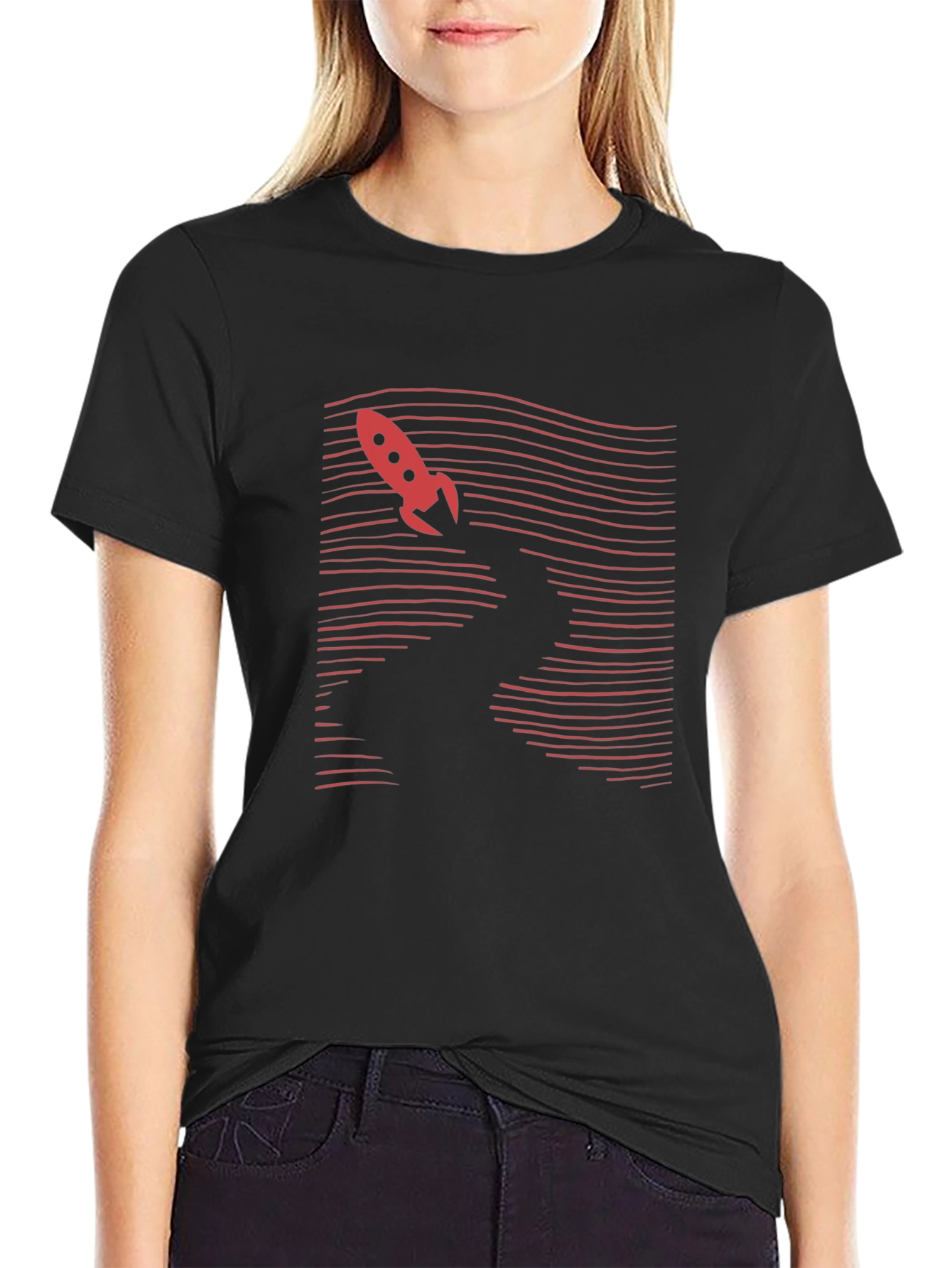 Retro Rocket Graphic Tee - Black Cotton T-Shirt