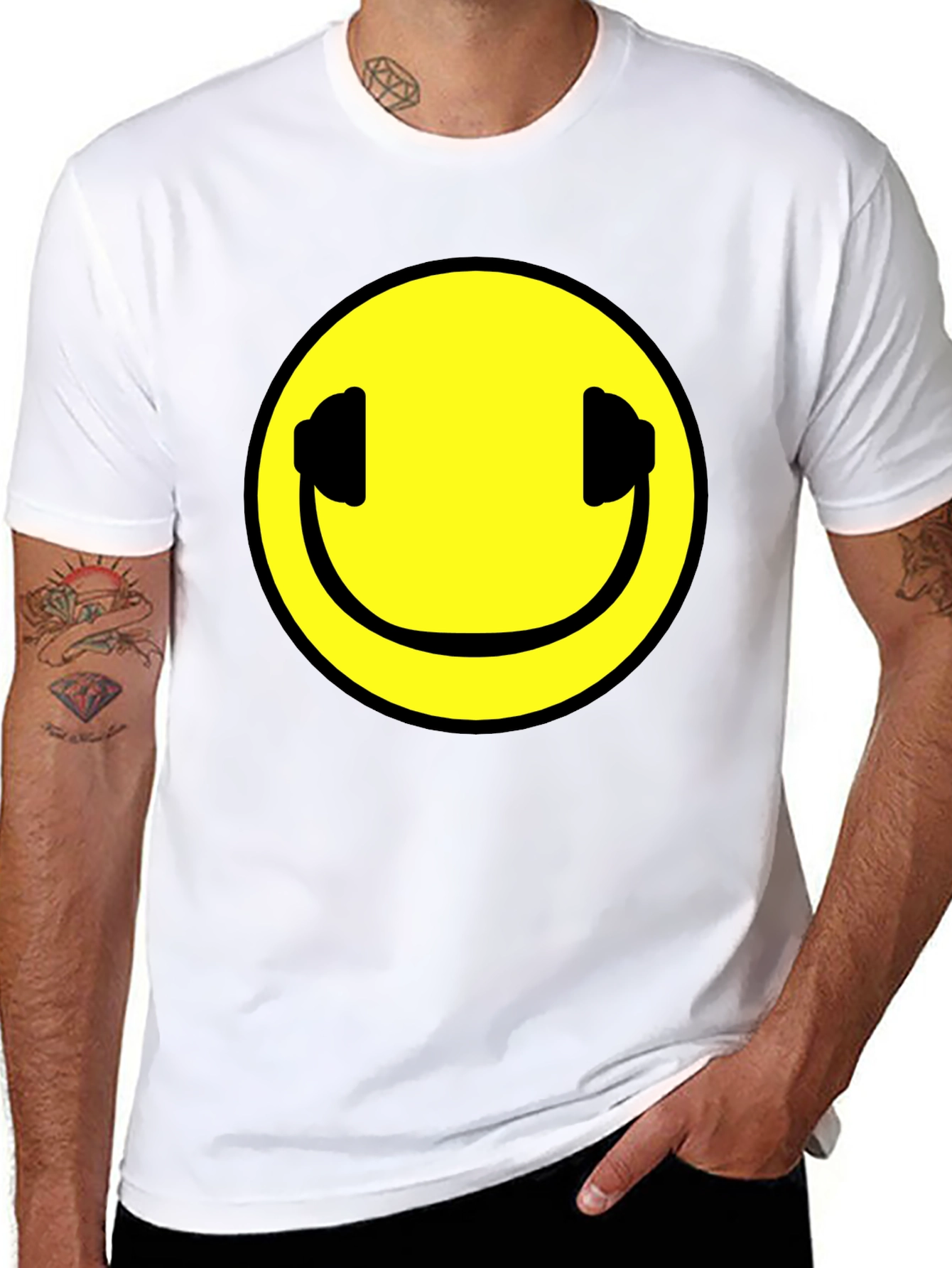 Smiley Face Headphones Black T-Shirt