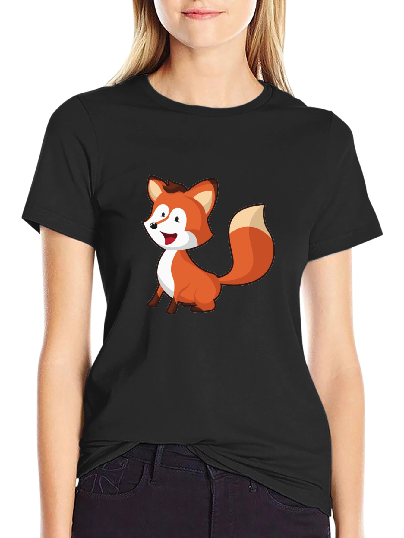 Cute Fox Graphic Black T-Shirt