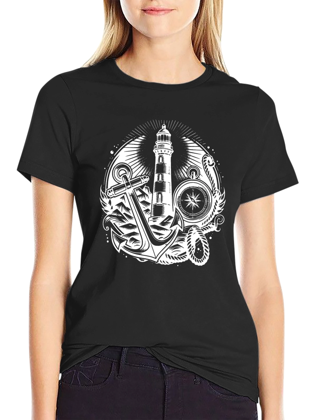 Nautical Lighthouse Anchor Graphic T-Shirt