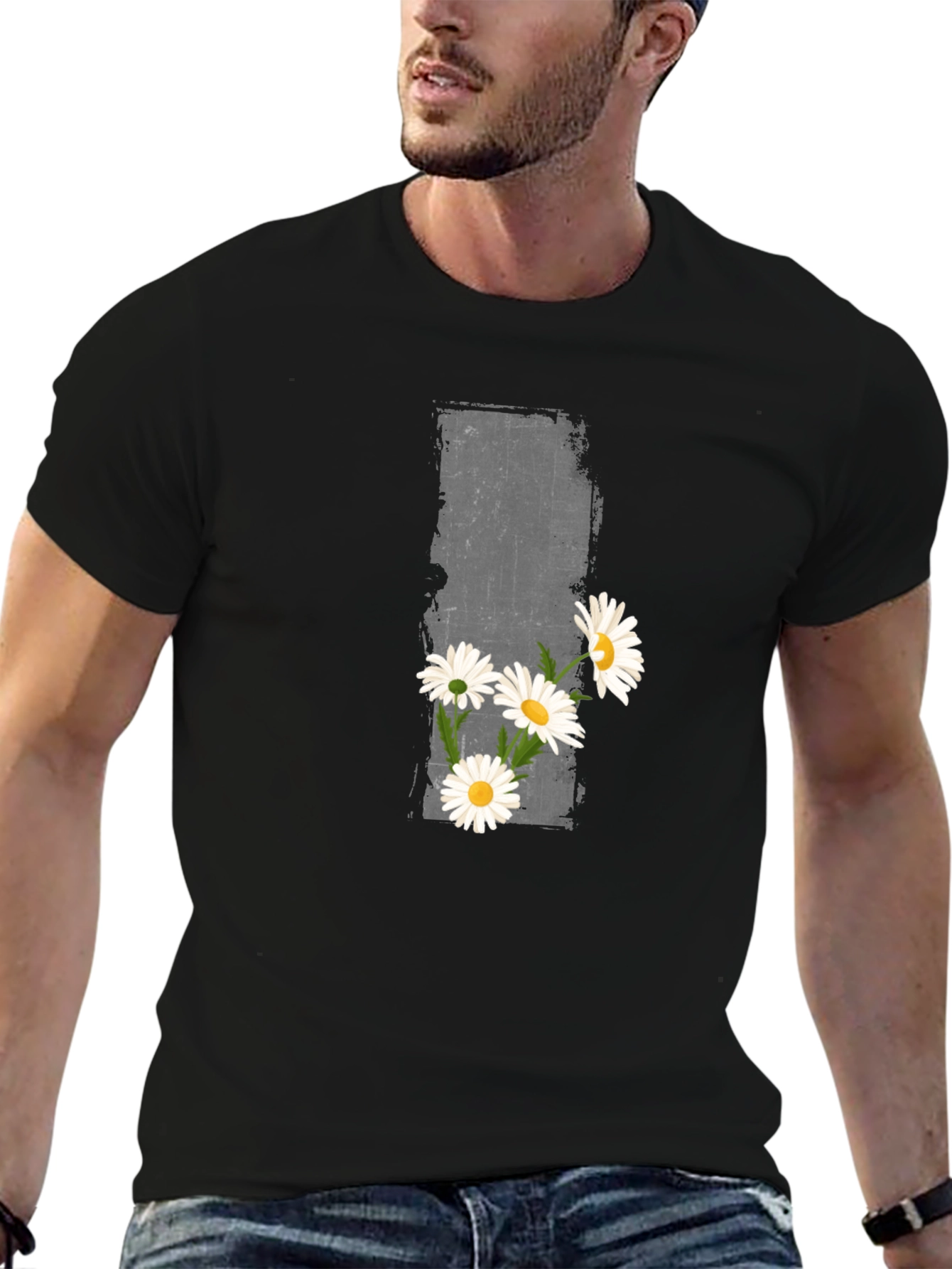 Daisy Graphic Print Black Crew Neck T-Shirt