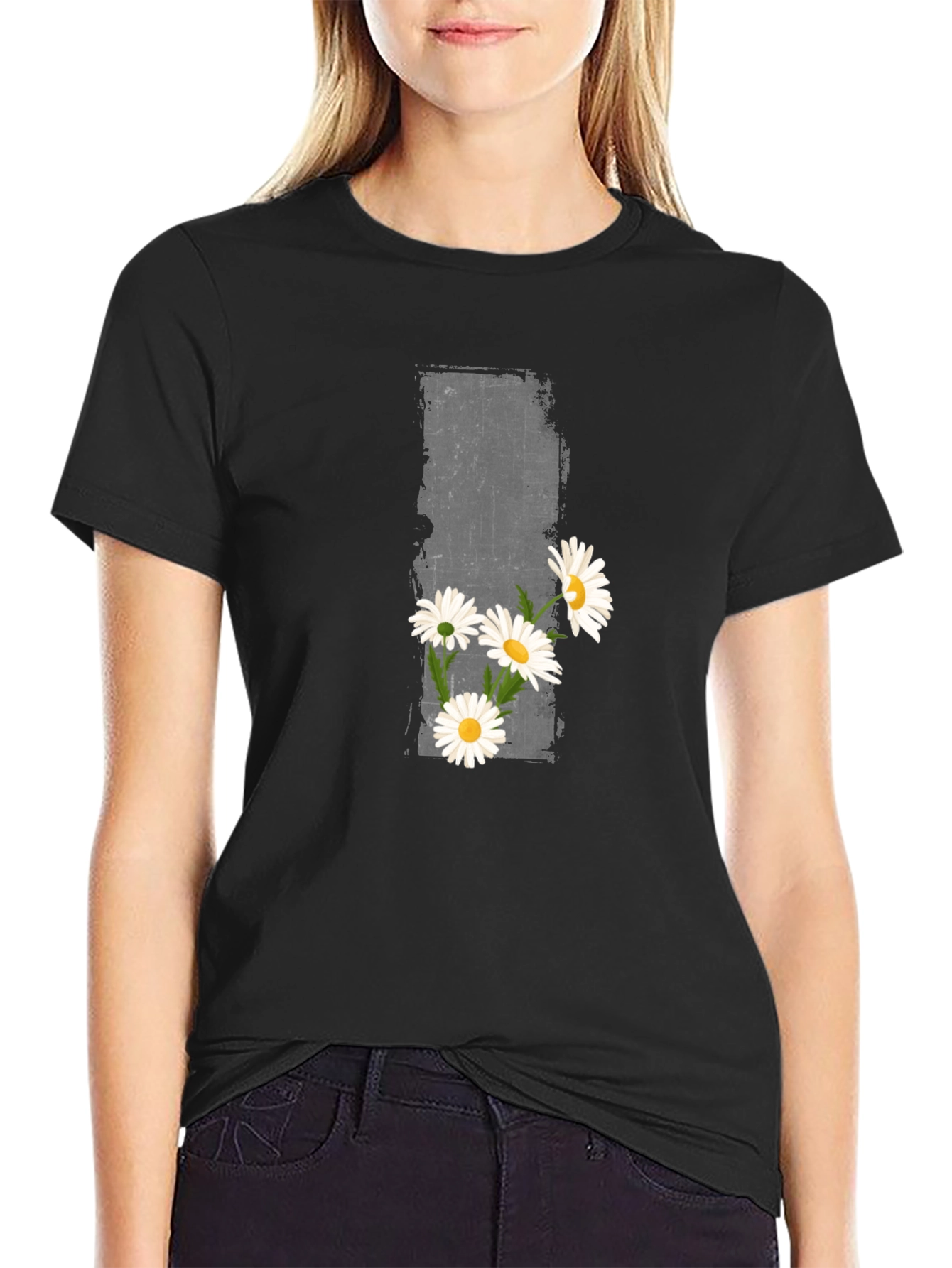 Daisy Graphic Print Black Crew Neck T-Shirt