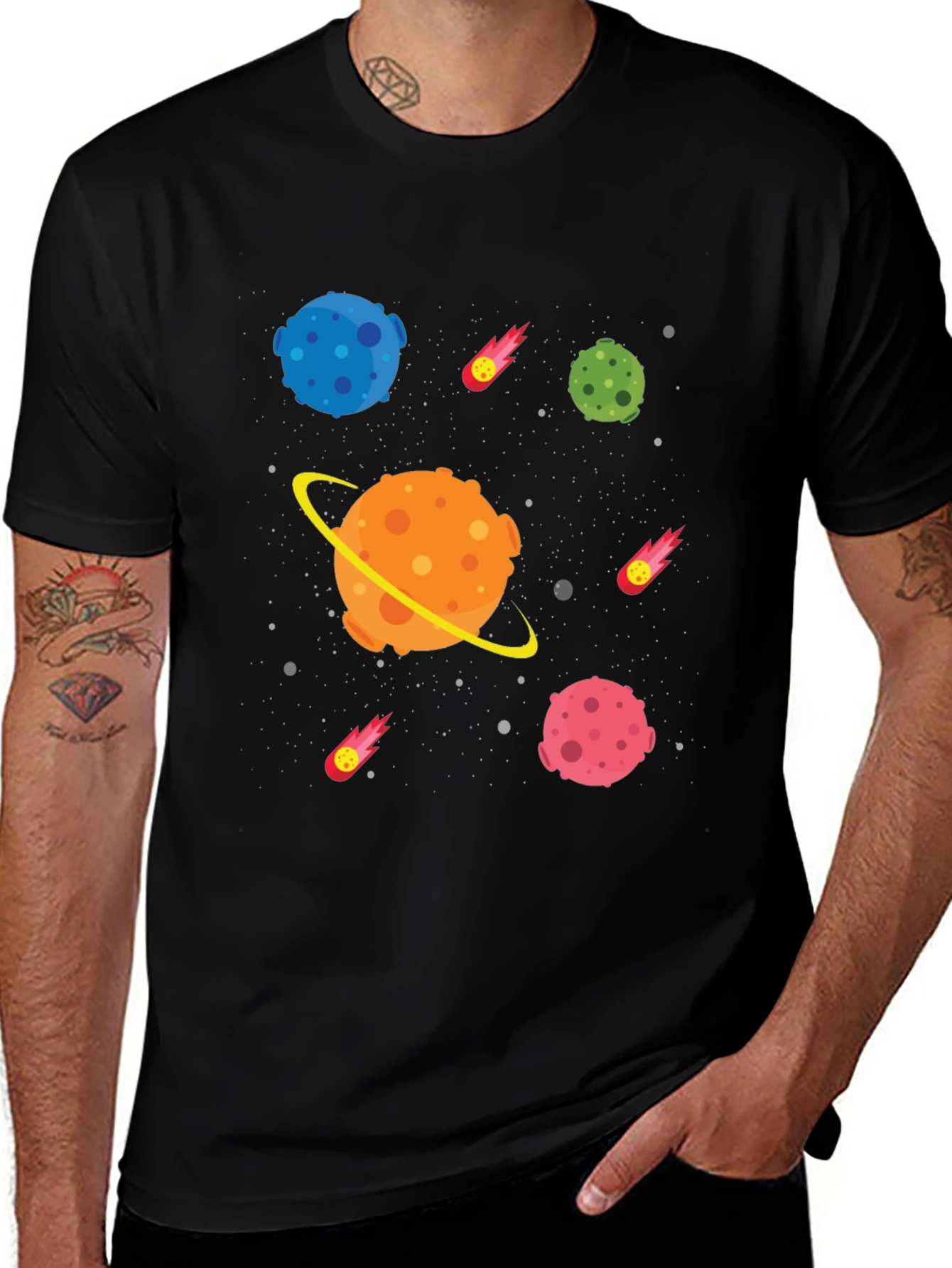 Space Planet Cartoon Graphic Black T-Shirt