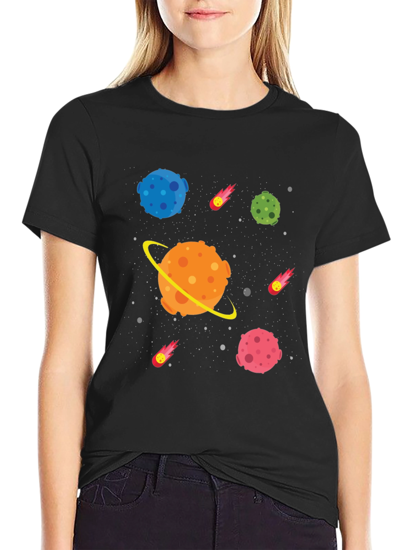 Space Planet Cartoon Graphic Black T-Shirt