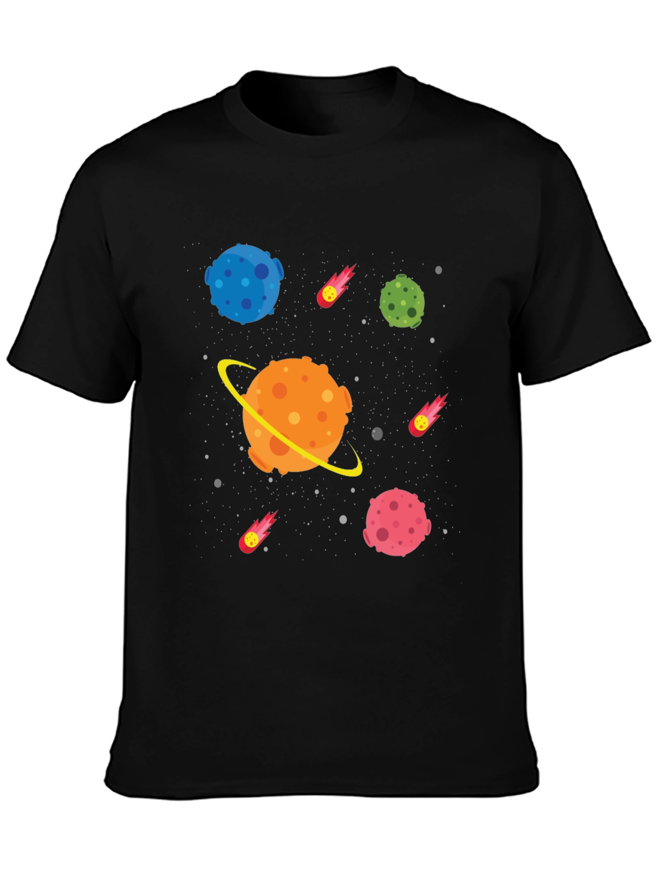 Space Planet Cartoon Graphic Black T-Shirt