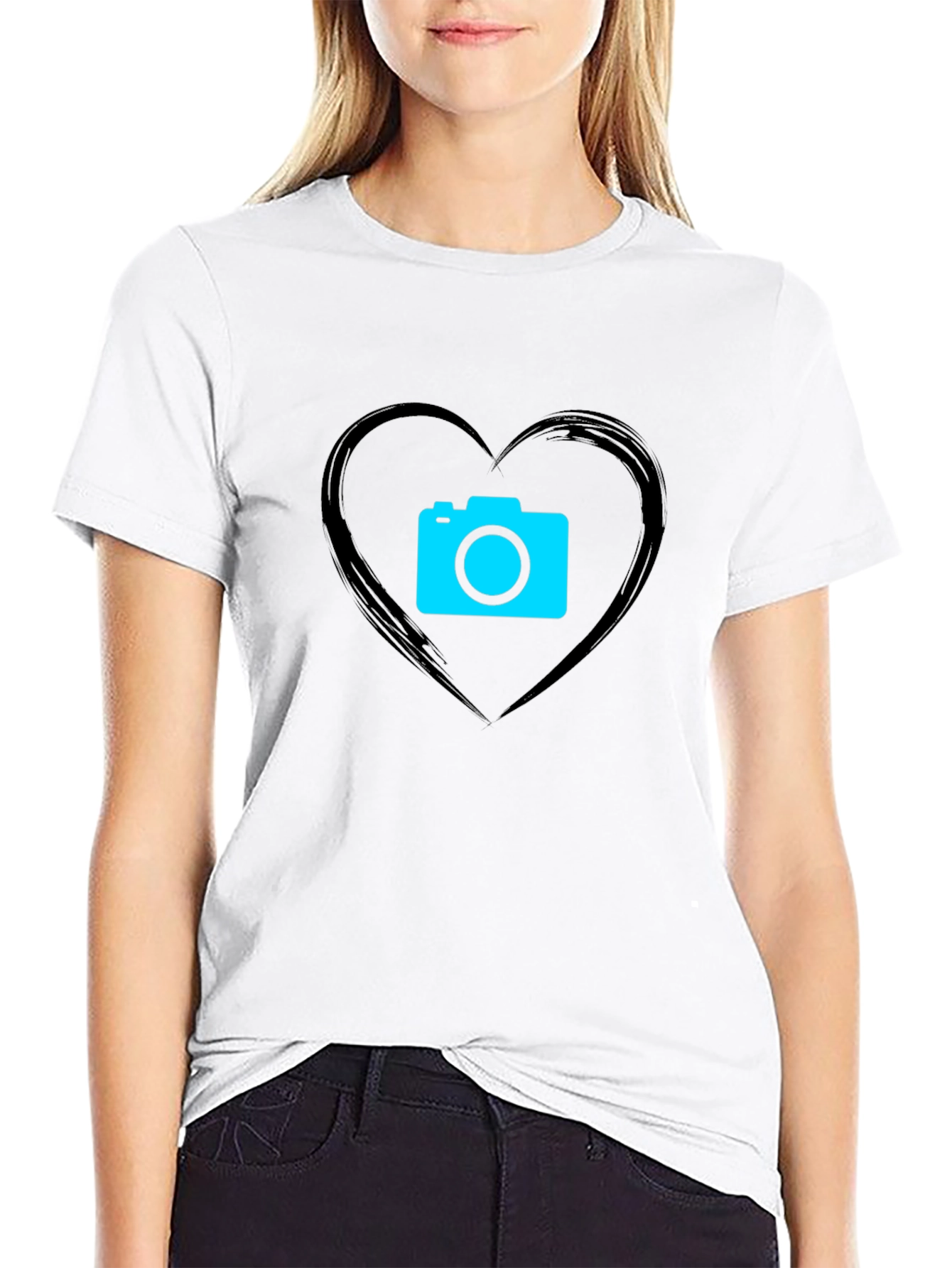 Camera Heart Graphic Black T-Shirt