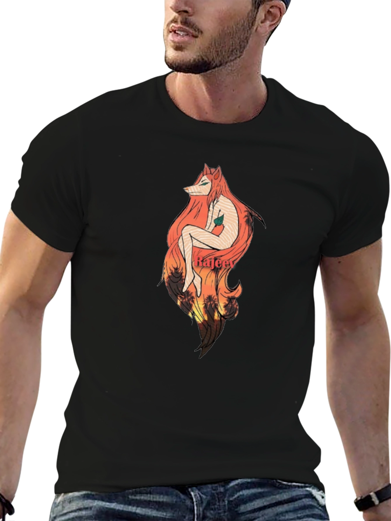 Artistic Fox Girl Graphic Black T-Shirt