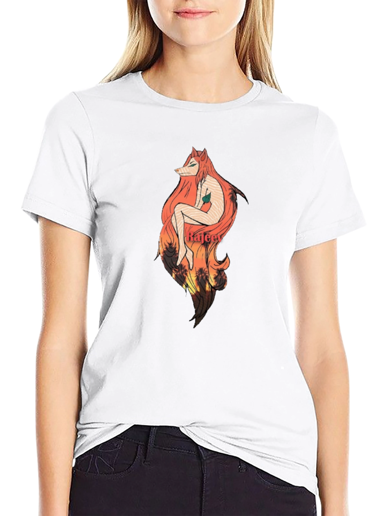 Artistic Fox Girl Graphic Black T-Shirt