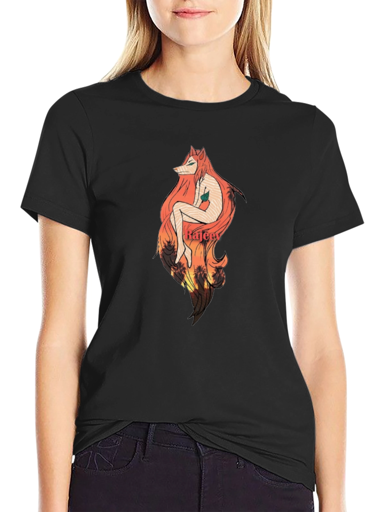 Artistic Fox Girl Graphic Black T-Shirt
