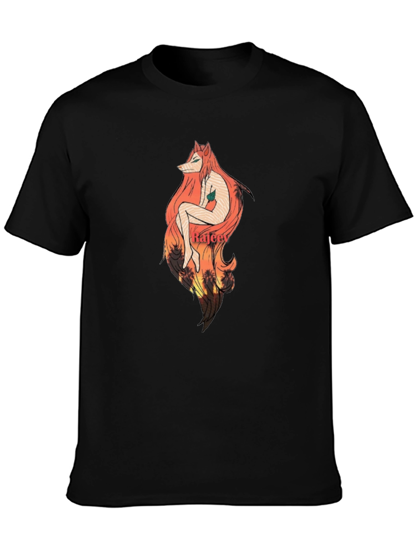 Artistic Fox Girl Graphic Black T-Shirt