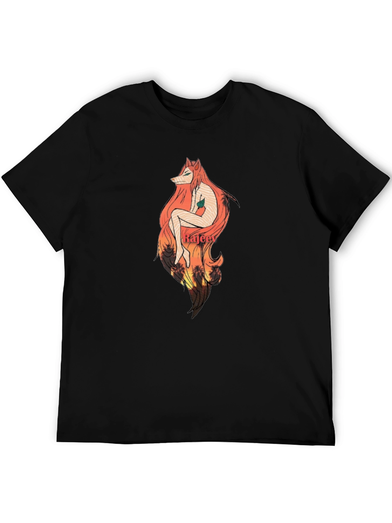 Artistic Fox Girl Graphic Black T-Shirt