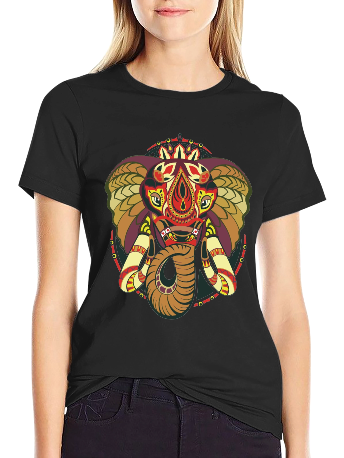 Elephant Mandala Graphic Print Crew Neck Tee