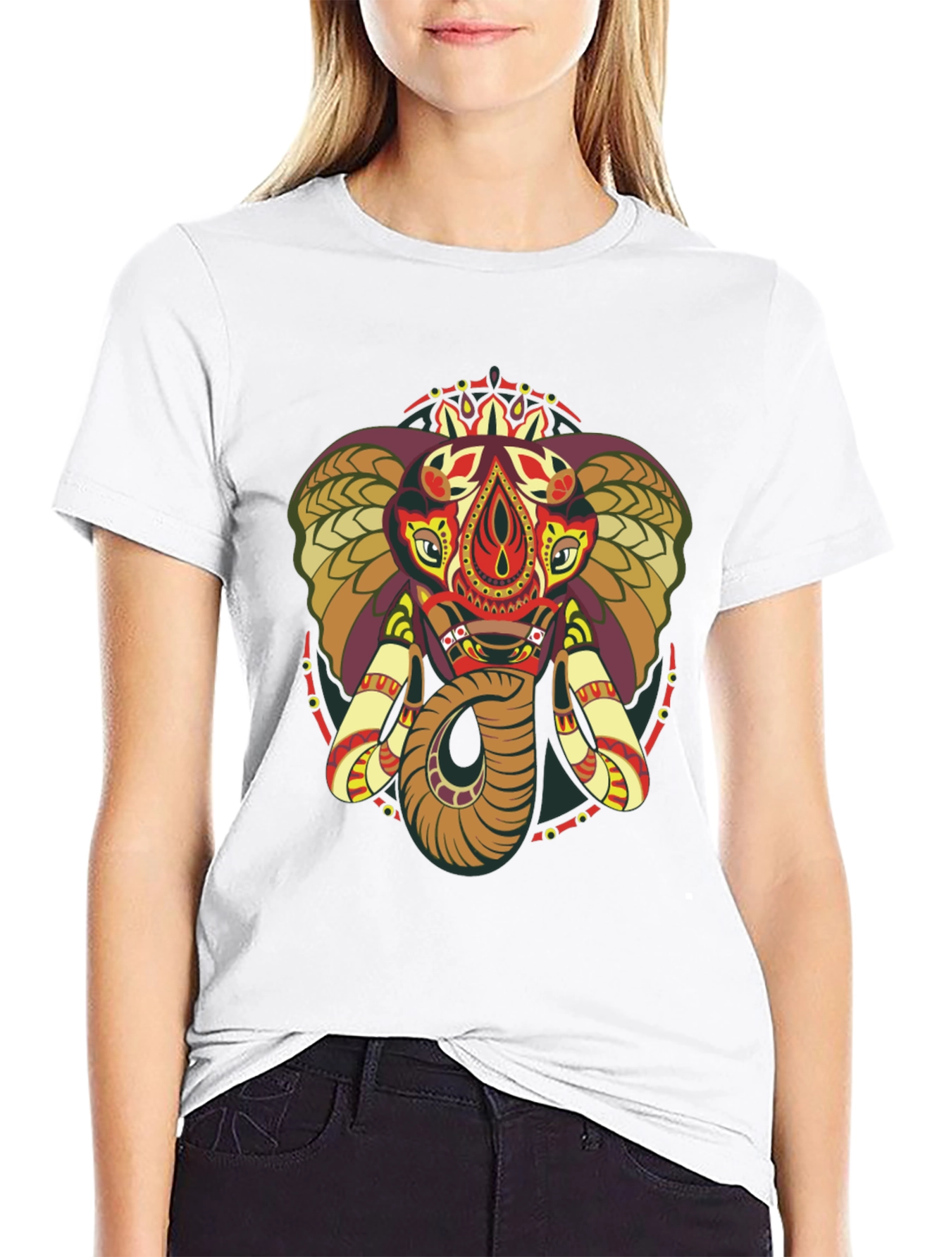 Elephant Mandala Graphic Print Crew Neck Tee