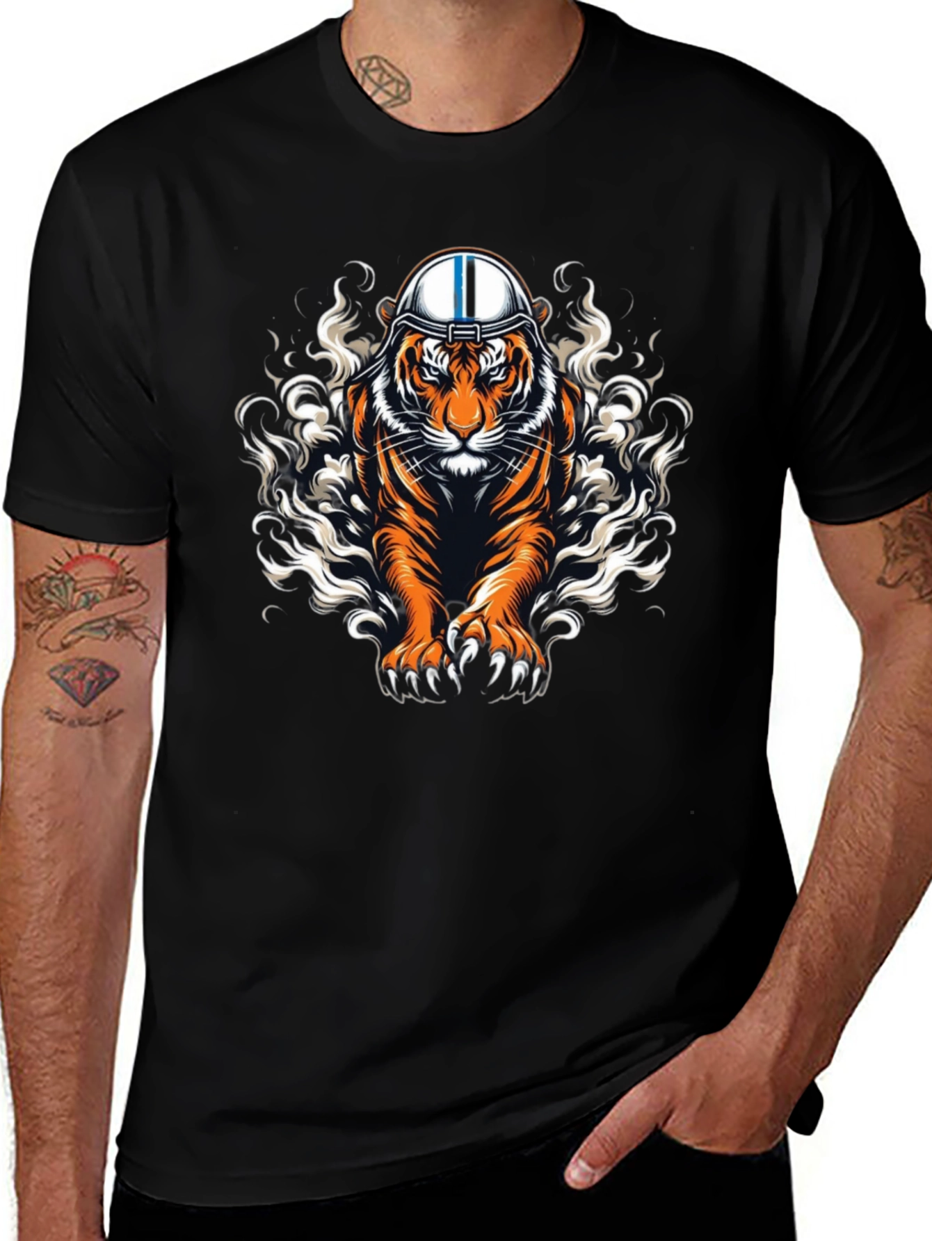 Tiger Helmet Graphic Print Black T-Shirt