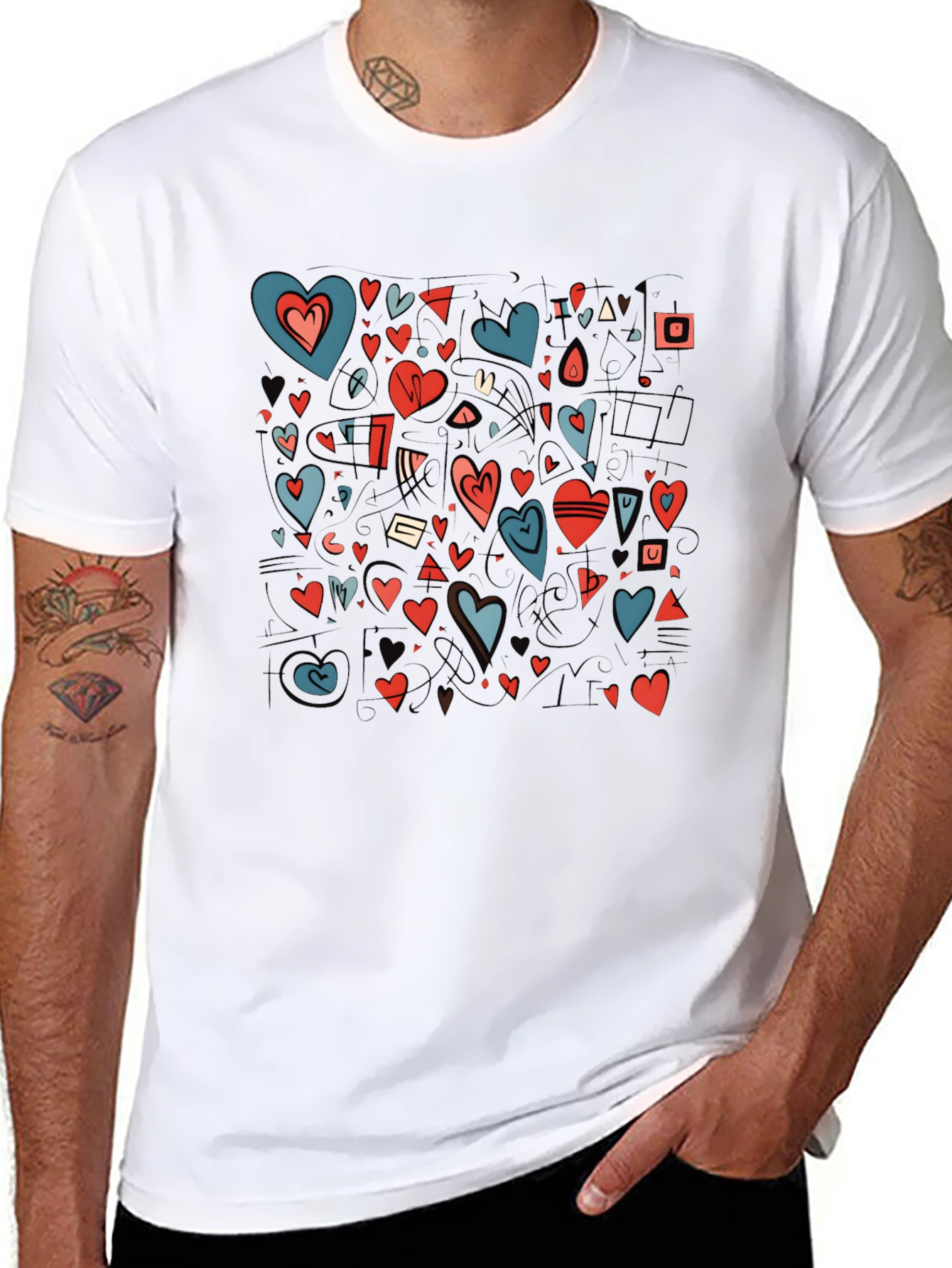 Heart Pattern Black Crewneck T-Shirt