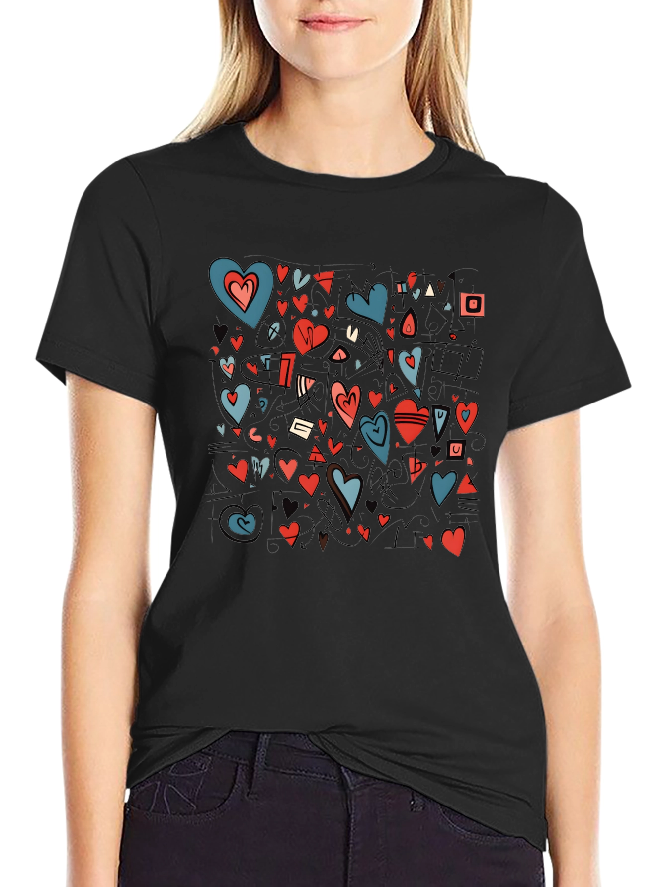 Heart Pattern Black Crewneck T-Shirt