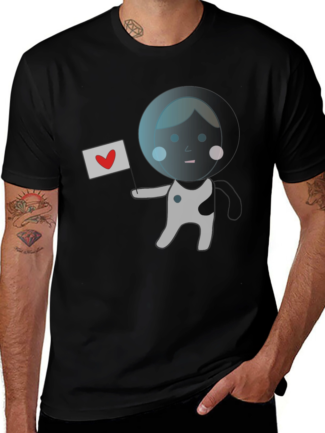 Astronaut with Heart Flag Black T-Shirt