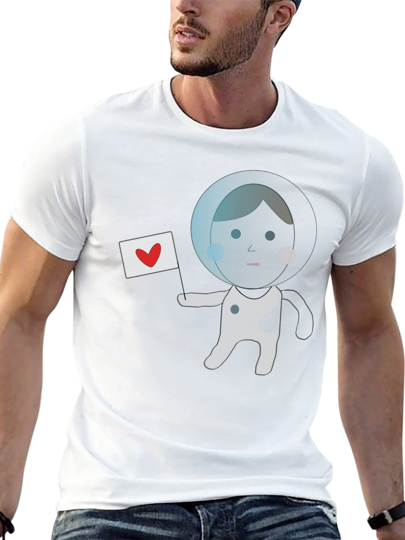 Astronaut with Heart Flag Black T-Shirt