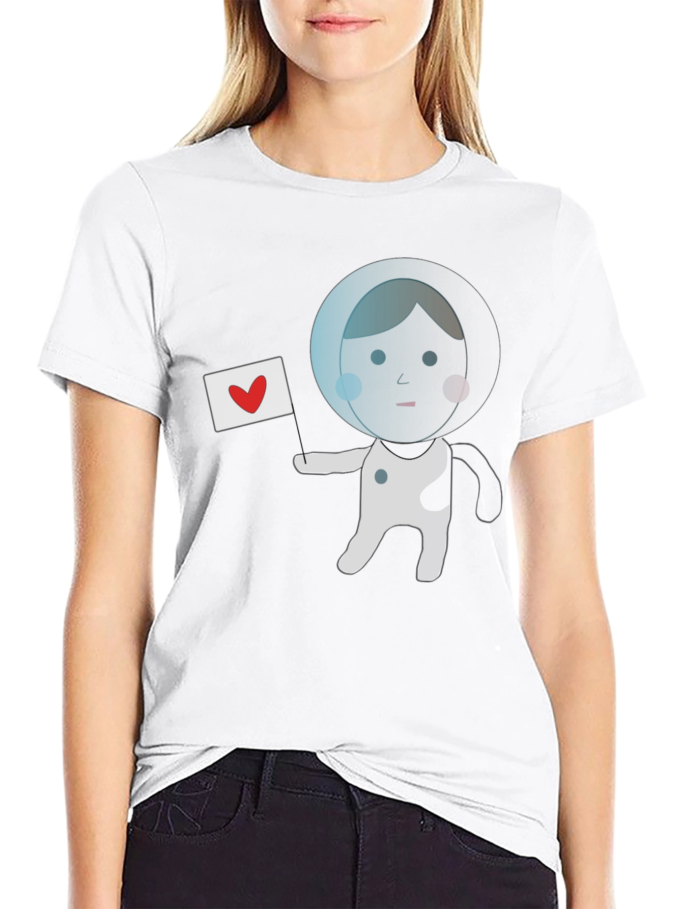 Astronaut with Heart Flag Black T-Shirt
