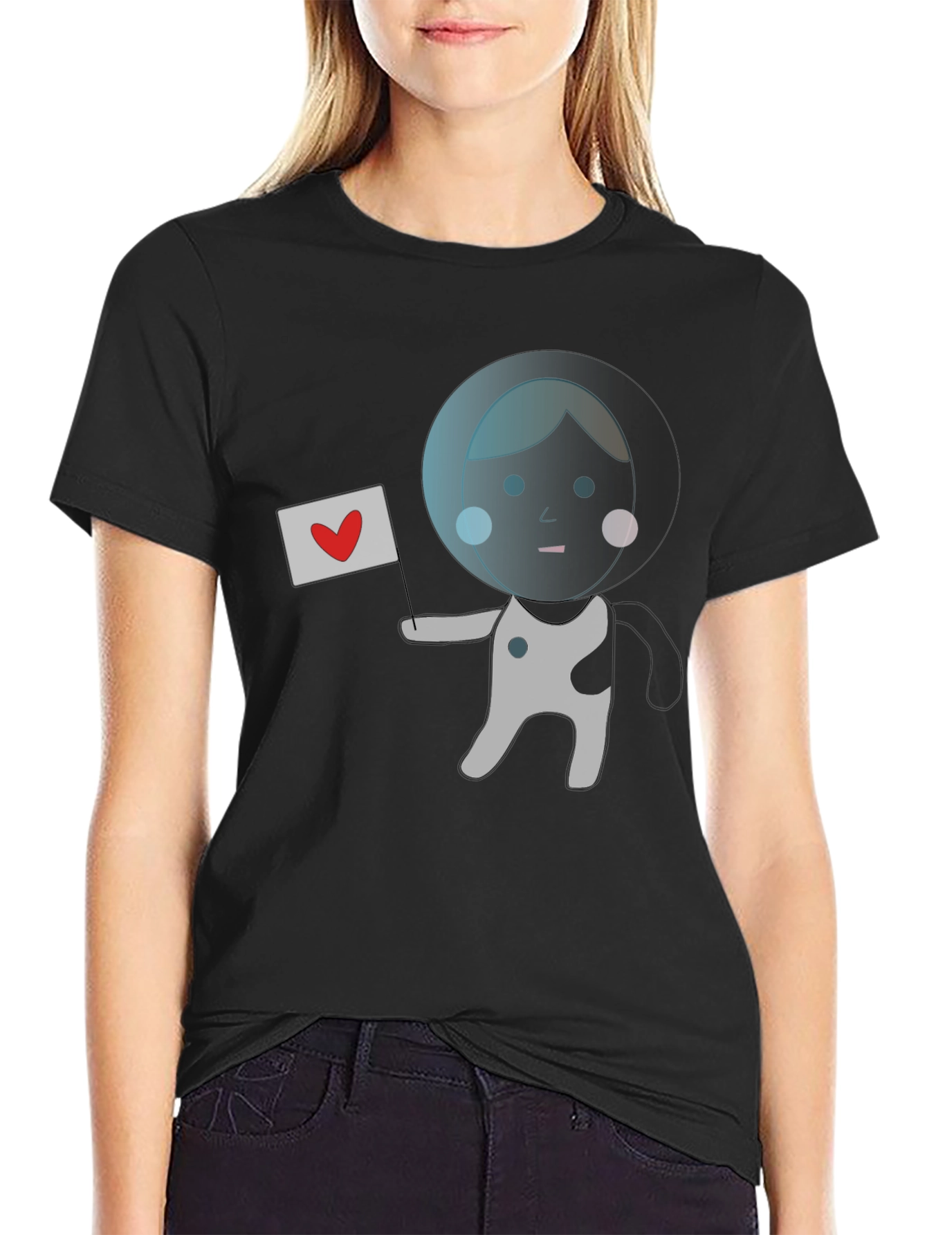 Astronaut with Heart Flag Black T-Shirt
