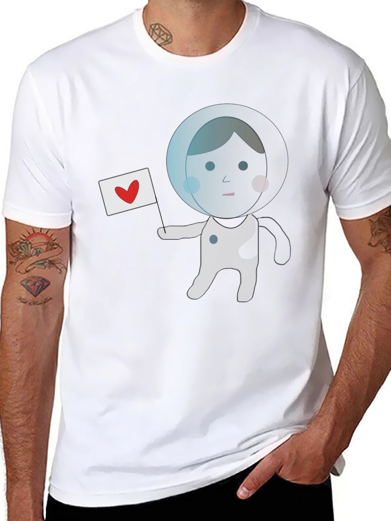 Astronaut with Heart Flag Black T-Shirt