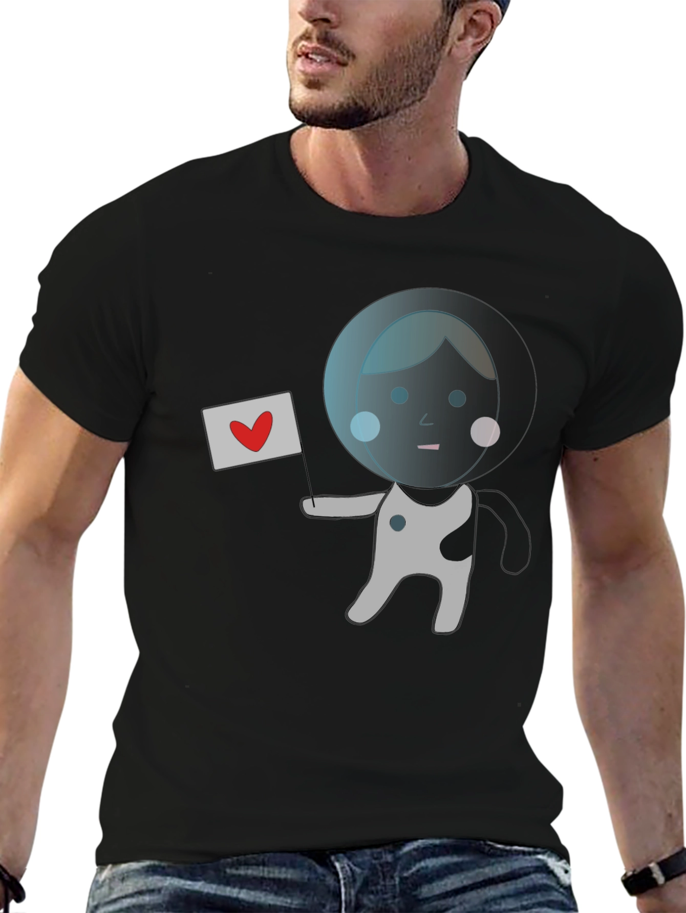 Astronaut with Heart Flag Black T-Shirt