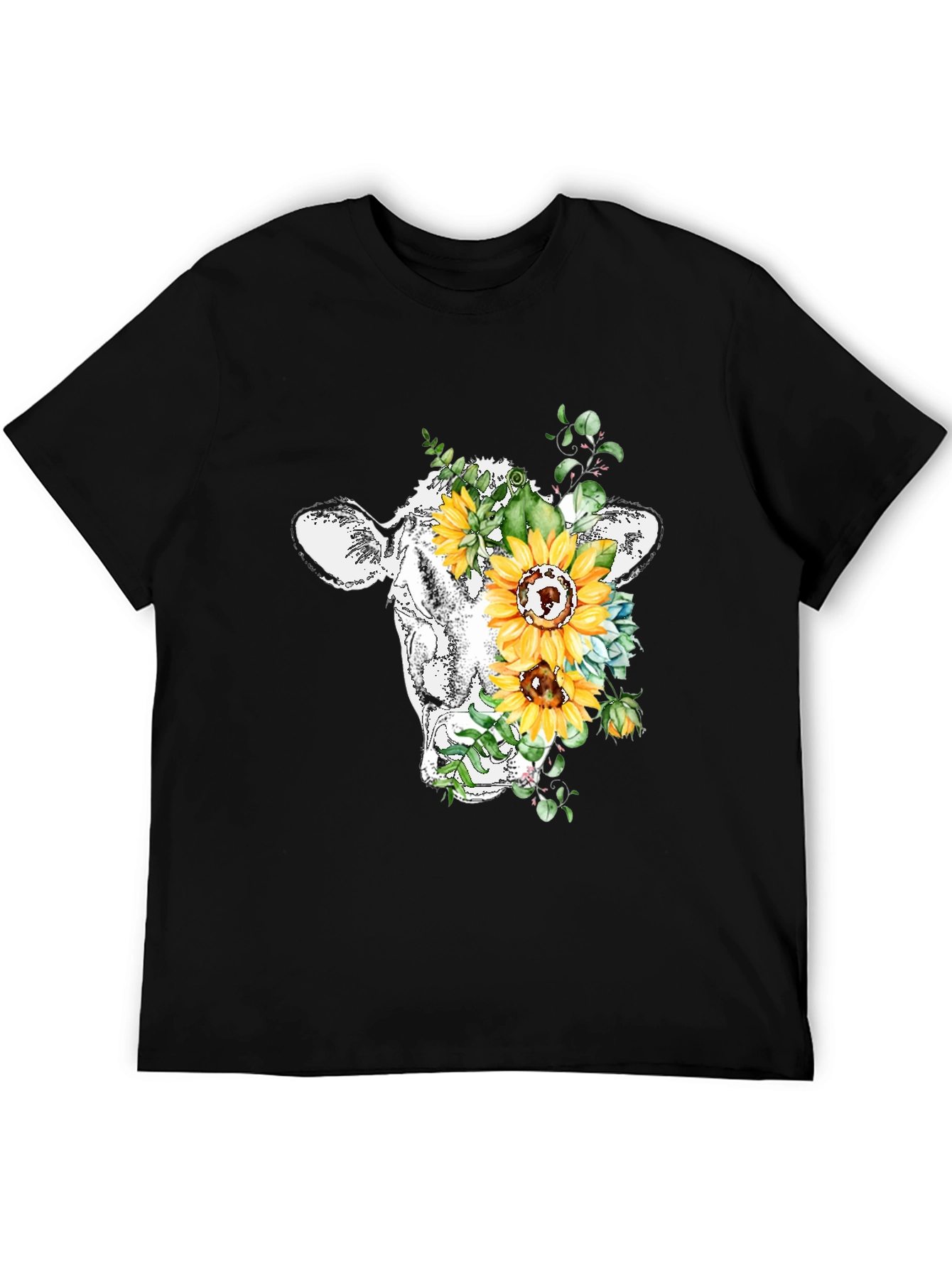 Floral Cow Graphic Tee - Black Casual T-Shirt