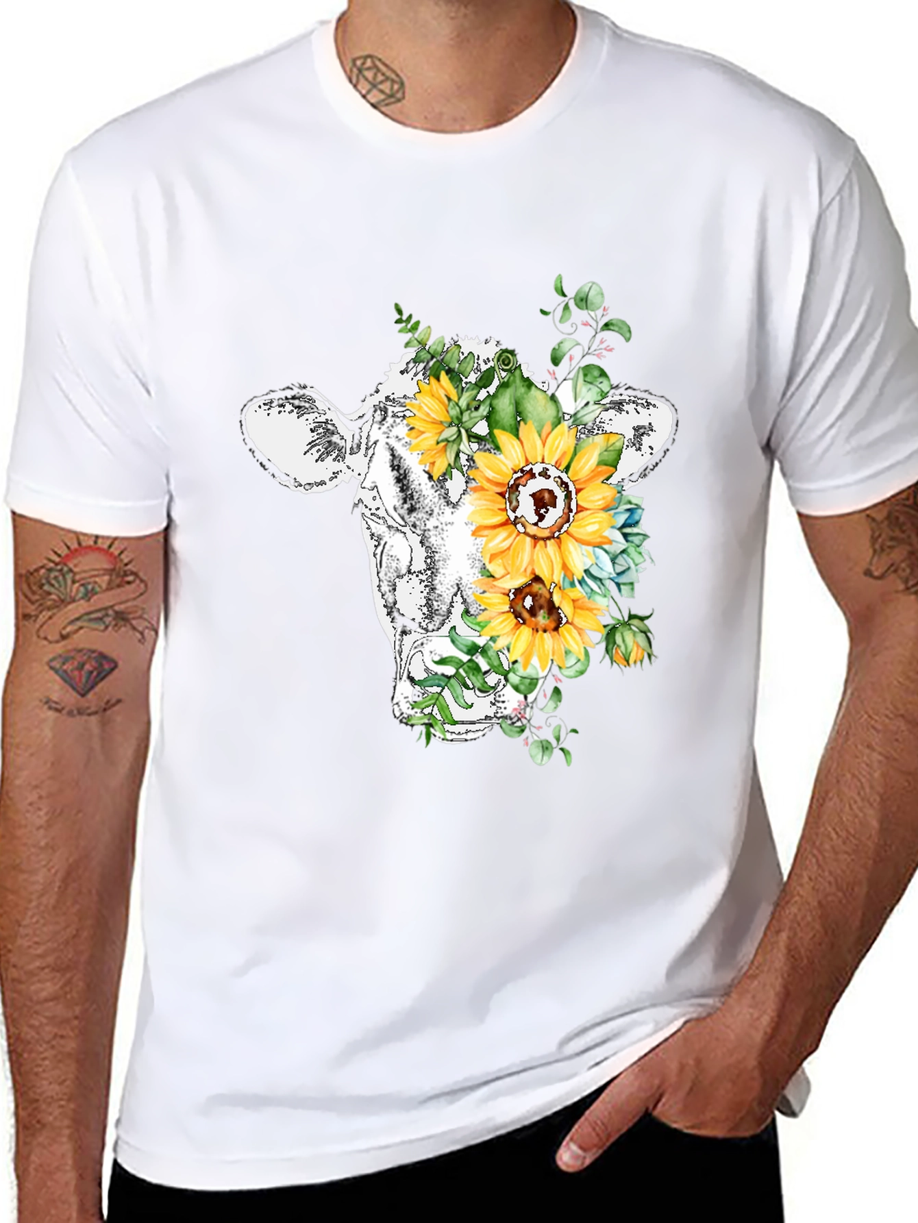 Floral Cow Graphic Tee - Black Casual T-Shirt