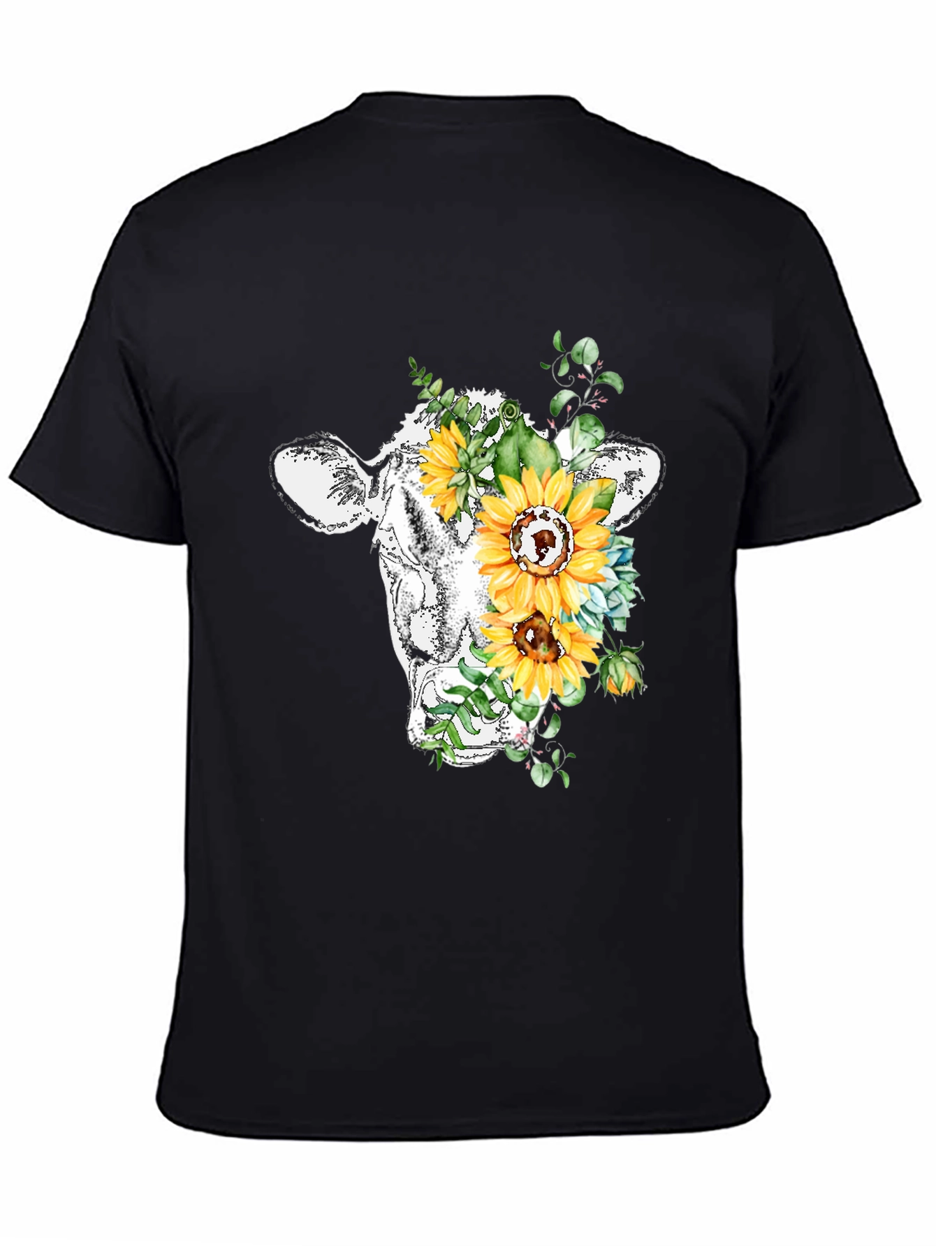 Floral Cow Graphic Tee - Black Casual T-Shirt