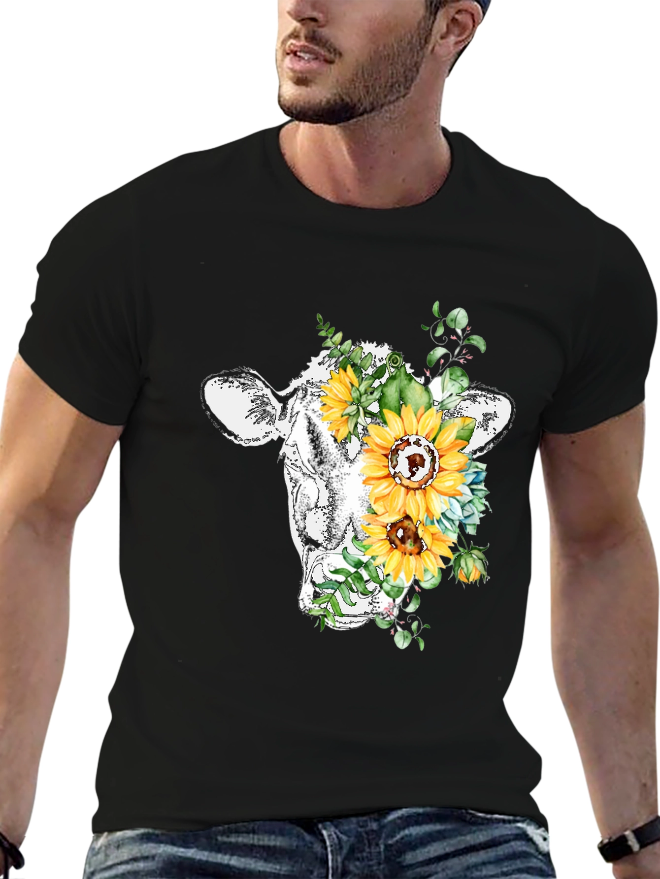 Floral Cow Graphic Tee - Black Casual T-Shirt