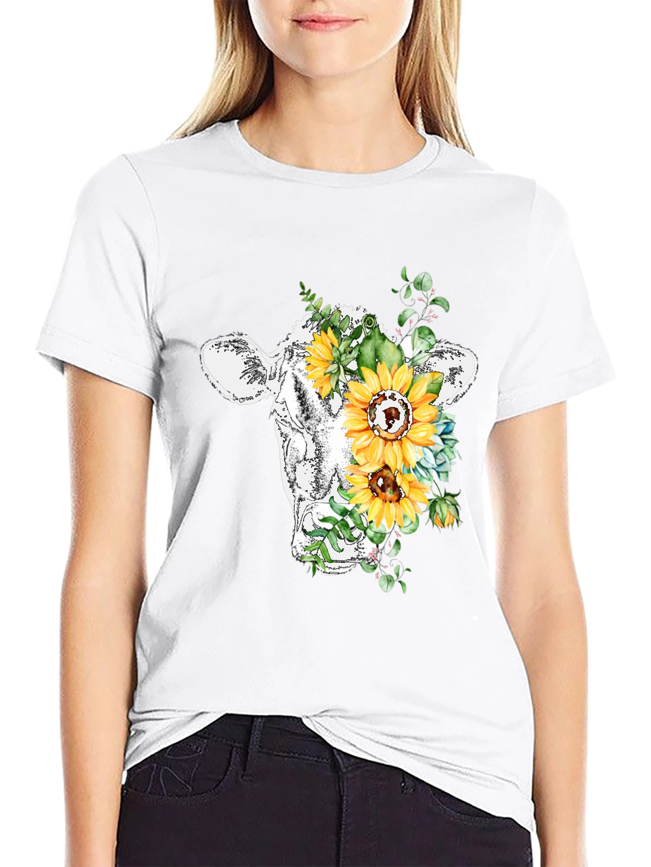 Floral Cow Graphic Tee - Black Casual T-Shirt