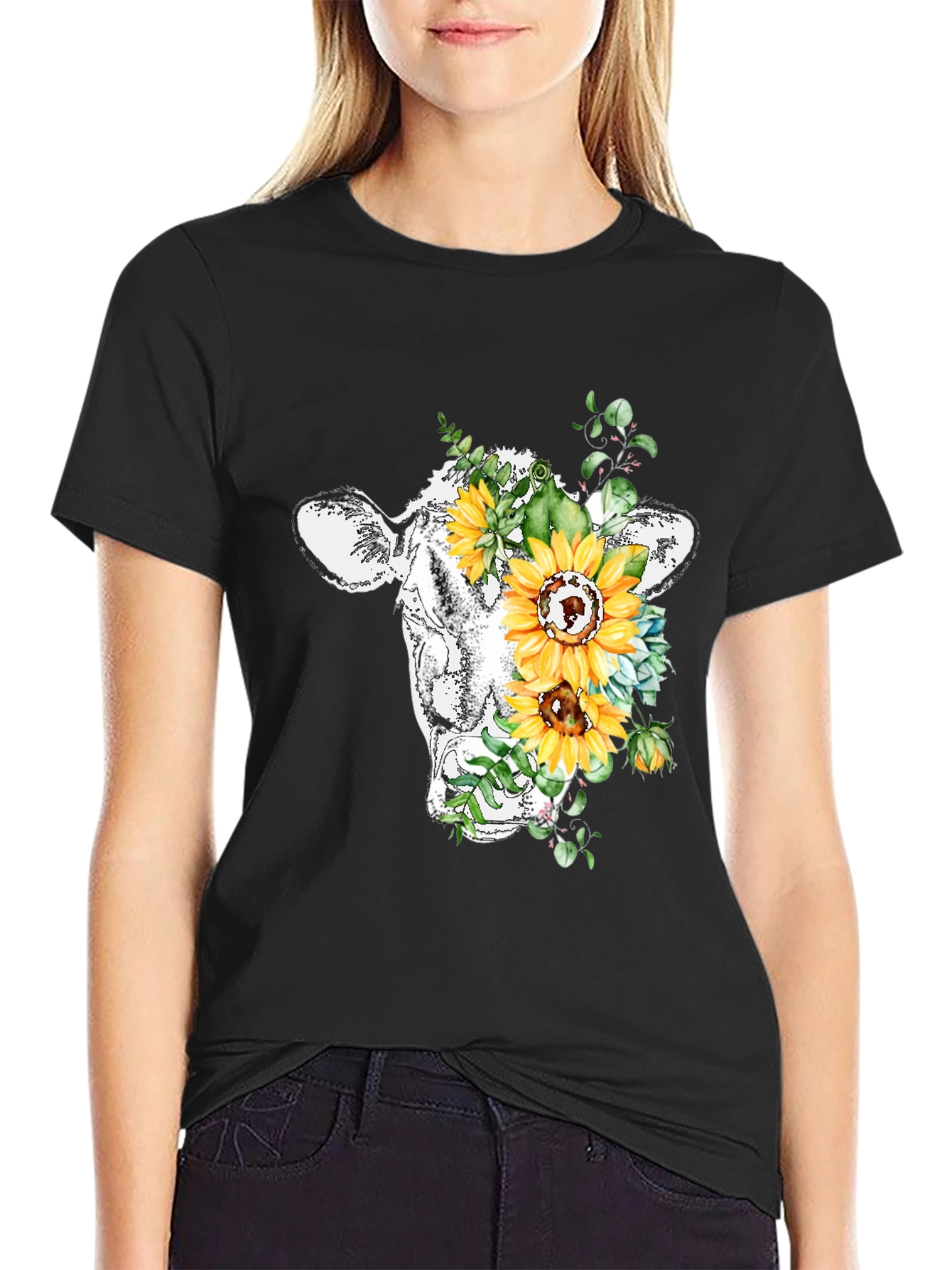 Floral Cow Graphic Tee - Black Casual T-Shirt